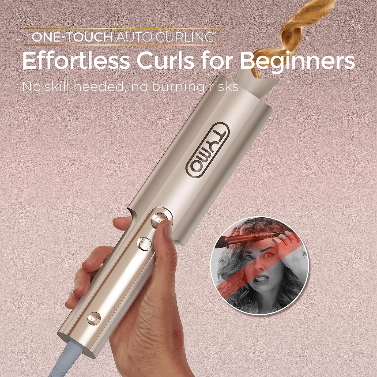 TYMO CurlPro Plus Automatic Rotating Curling Iron - Upgraded Long Barrel Curling Wand for Beach Waves & Long Hair. Ceramic Hair Curler for Women. Anti-Scald. 600M Ionic. Dual Voltage. Gold. 1 Inch
