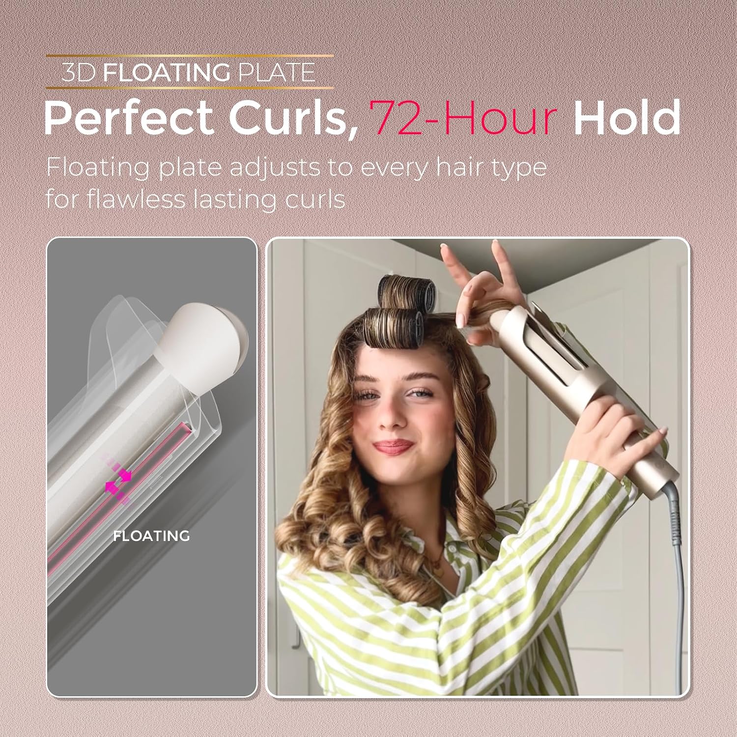 TYMO CurlPro Plus Automatic Rotating Curling Iron - Upgraded Long Barrel Curling Wand for Beach Waves & Long Hair. Ceramic Hair Curler for Women. Anti-Scald. 600M Ionic. Dual Voltage. Gold. 1 Inch