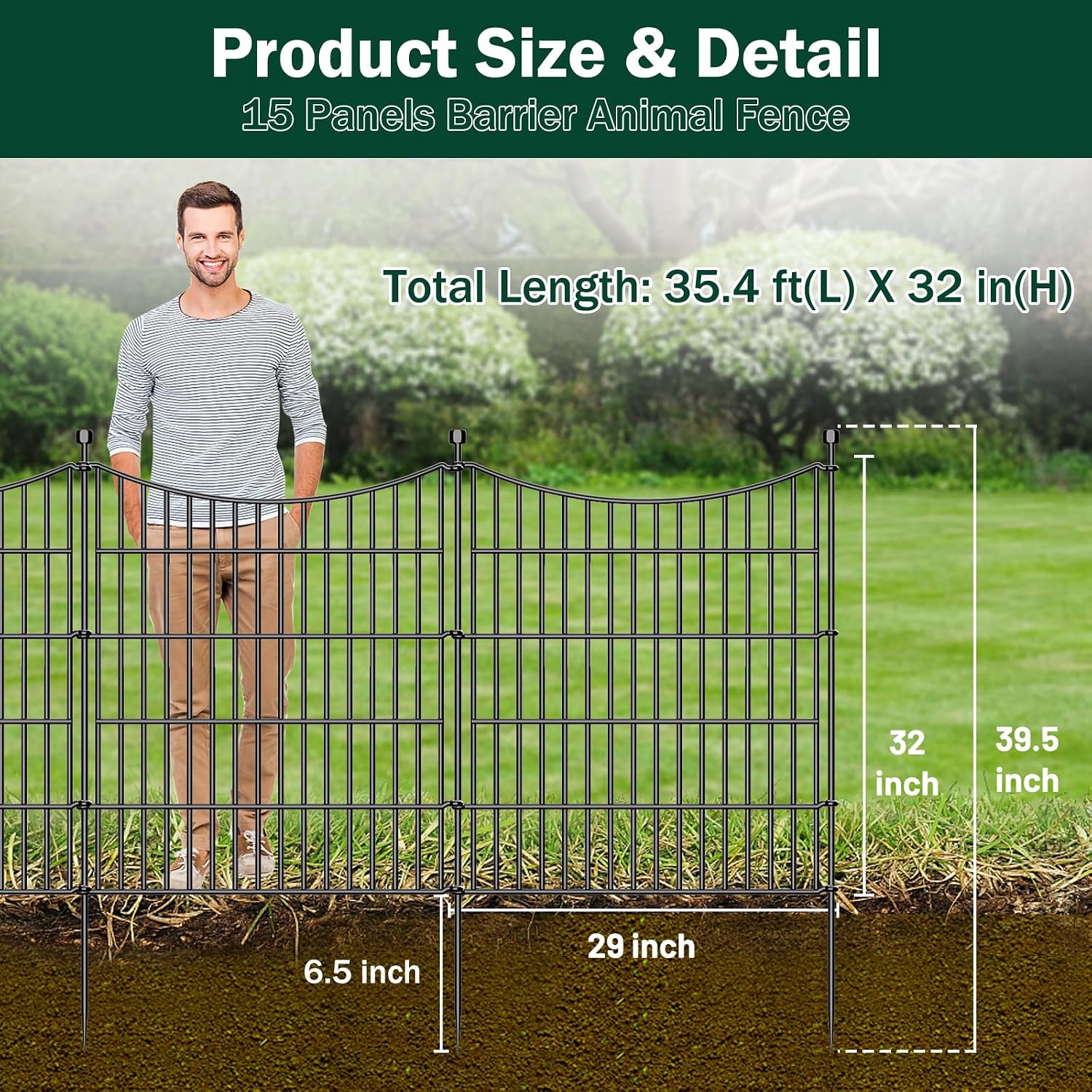 No Dig Dog Fence Outdoor for Yard with Gate. 32 in(H) X 35.4 ft(L) | 15 Panels Decorative Garden Fence Animal Barrier. Rustproof Metal Wire Garden Edging and Borders. Temporary Fencing Stakes
