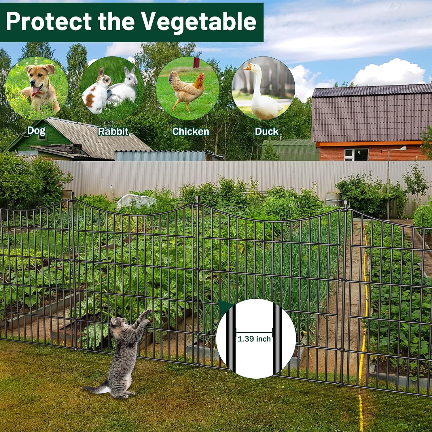 No Dig Dog Fence Outdoor for Yard with Gate. 32 in(H) X 35.4 ft(L) | 15 Panels Decorative Garden Fence Animal Barrier. Rustproof Metal Wire Garden Edging and Borders. Temporary Fencing Stakes