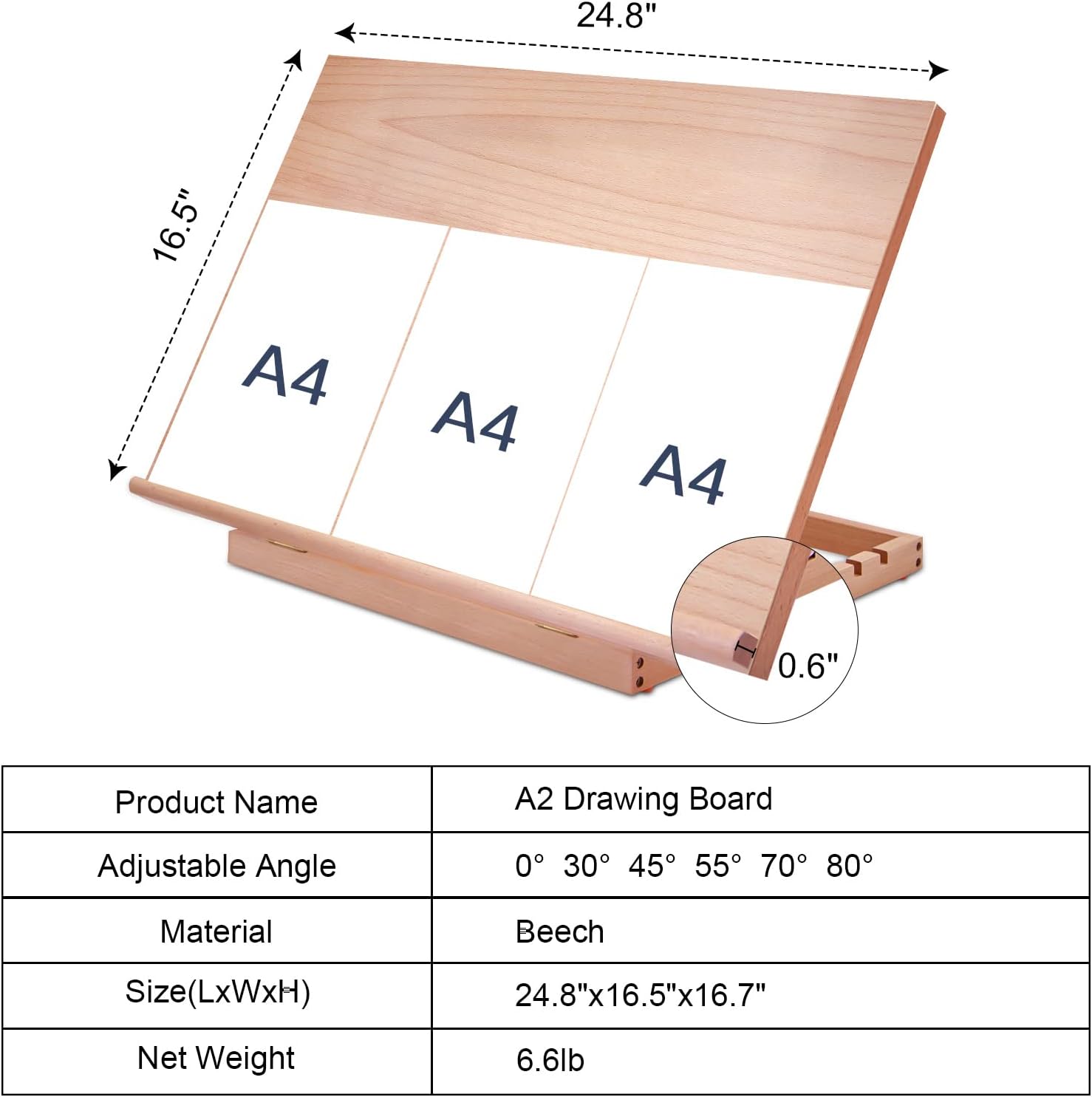 Miratuso Large Drawing & Sketching Board. Art Tabletop Easel Painting Easel | 24.8 L x 16.5 W (A2). 6 Adjustable Angles. Foldable. Portable Multiple Use. Gift for Artists. Children. Beginners & Student