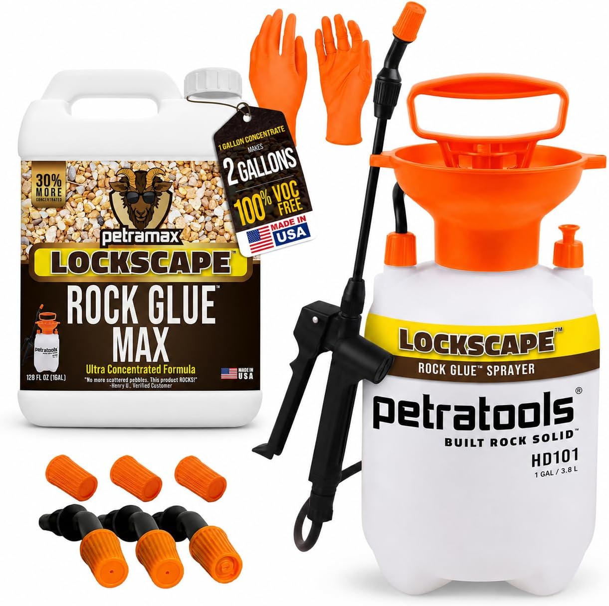Lockscape Sticky Rock Glue for Landscaping with Sprayer 1 Gallon. USA-Made | Max Rock Glue & PetraTools HD101 Bundle - Lockdown Gravel or Mulch Glue for Landscaping - 100% Permeable & Pet-Safe Adhesive