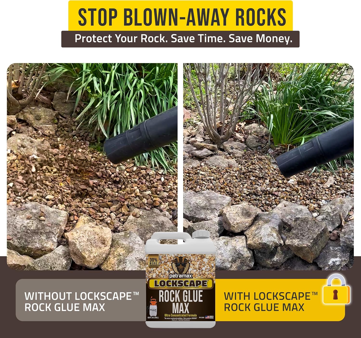 Lockscape Sticky Rock Glue for Landscaping with Sprayer 1 Gallon. USA-Made | Max Rock Glue & PetraTools HD101 Bundle - Lockdown Gravel or Mulch Glue for Landscaping - 100% Permeable & Pet-Safe Adhesive