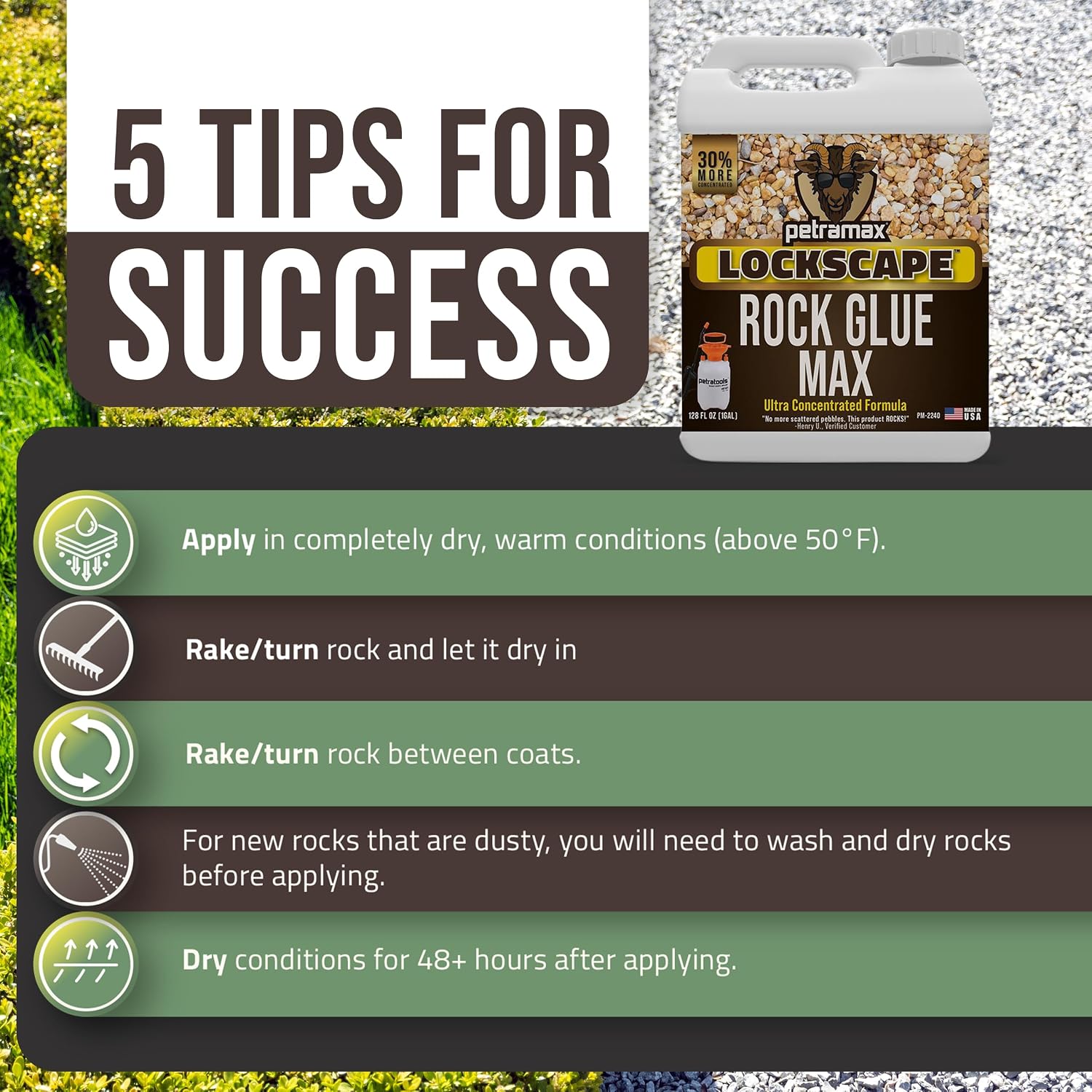 Lockscape Sticky Rock Glue for Landscaping with Sprayer 1 Gallon. USA-Made | Max Rock Glue & PetraTools HD101 Bundle - Lockdown Gravel or Mulch Glue for Landscaping - 100% Permeable & Pet-Safe Adhesive