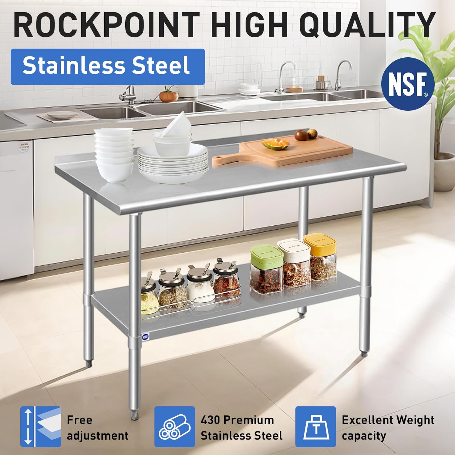 ROCKPOINT Stainless Steel Table for Prep & Work with Backsplash 18x24 Inches. NSF Metal Commercial Kitchen Heavy Duty Table with Adjustable Under Shelf and Table Foot for Restaurant. Home and Hotel