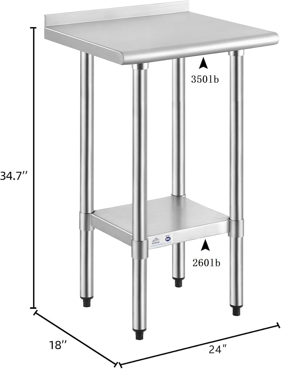 ROCKPOINT Stainless Steel Table for Prep & Work with Backsplash 18x24 Inches. NSF Metal Commercial Kitchen Heavy Duty Table with Adjustable Under Shelf and Table Foot for Restaurant. Home and Hotel