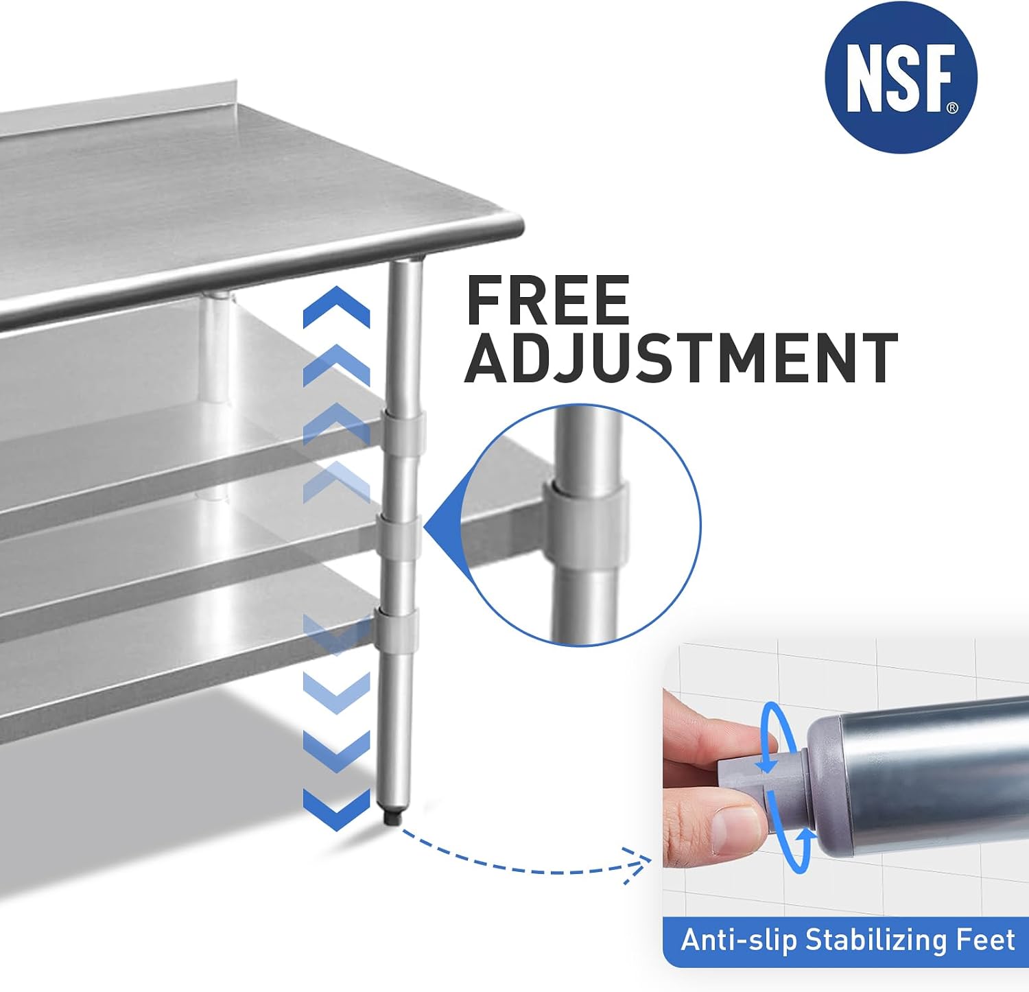ROCKPOINT Stainless Steel Table for Prep & Work with Backsplash 18x24 Inches. NSF Metal Commercial Kitchen Heavy Duty Table with Adjustable Under Shelf and Table Foot for Restaurant. Home and Hotel