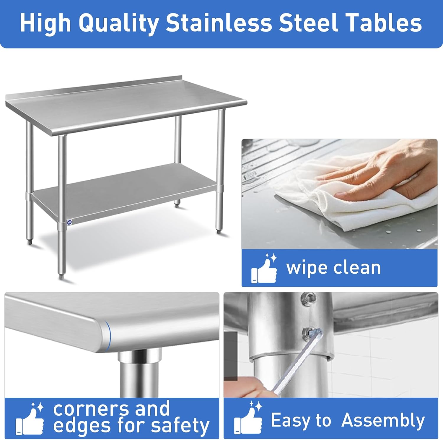 ROCKPOINT Stainless Steel Table for Prep & Work with Backsplash 18x24 Inches. NSF Metal Commercial Kitchen Heavy Duty Table with Adjustable Under Shelf and Table Foot for Restaurant. Home and Hotel