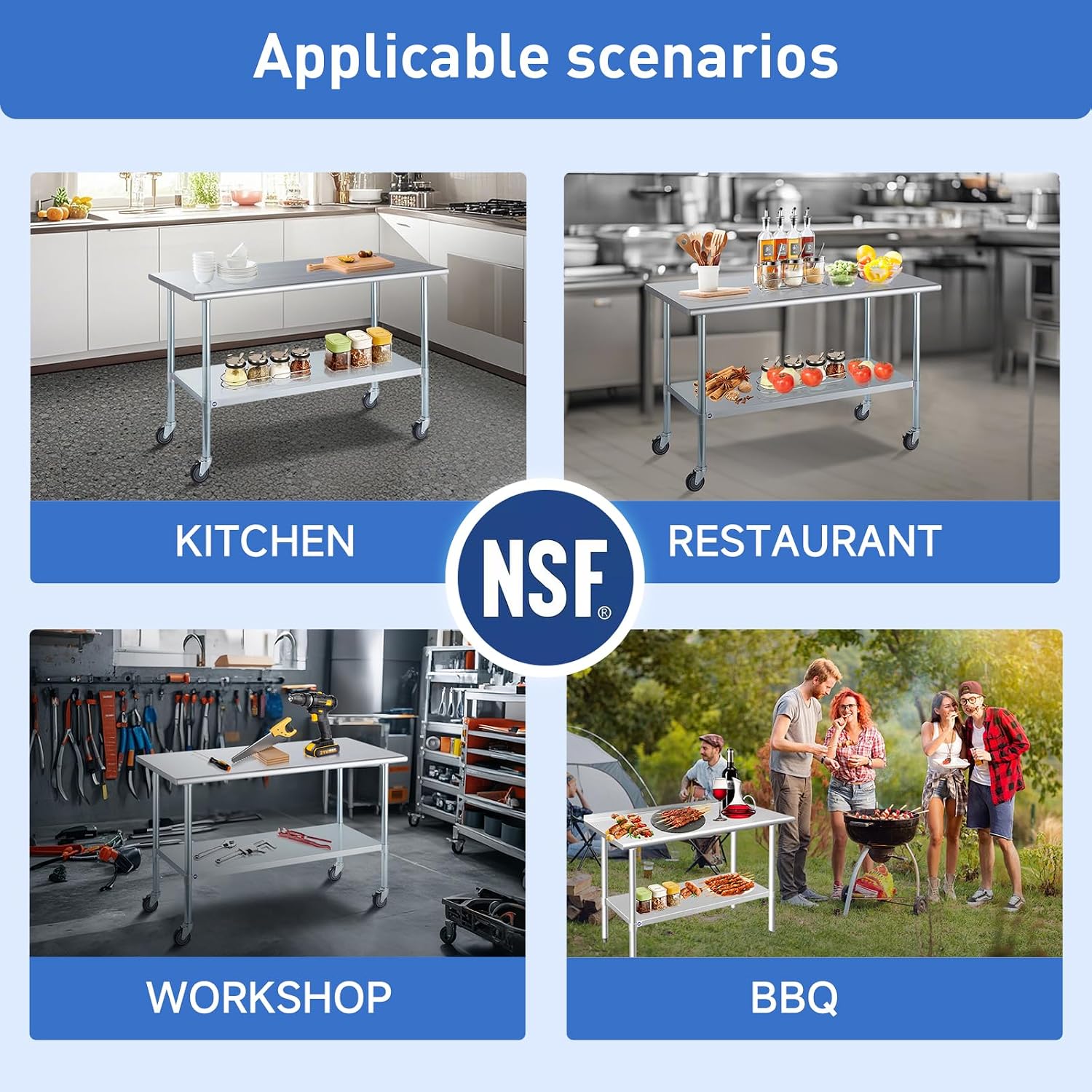ROCKPOINT Stainless Steel Table for Prep & Work with Backsplash 18x24 Inches. NSF Metal Commercial Kitchen Heavy Duty Table with Adjustable Under Shelf and Table Foot for Restaurant. Home and Hotel