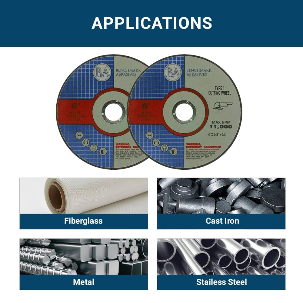 Benchmark Abrasives 6 Aluminum Oxide Self-Sharpening Type 1 Cut Off Wheels | Precise Metal and Steel Cutting. 0.045 Thick. 7/8 Arbor. Angle Grinder Cutting Disc. 100-Count