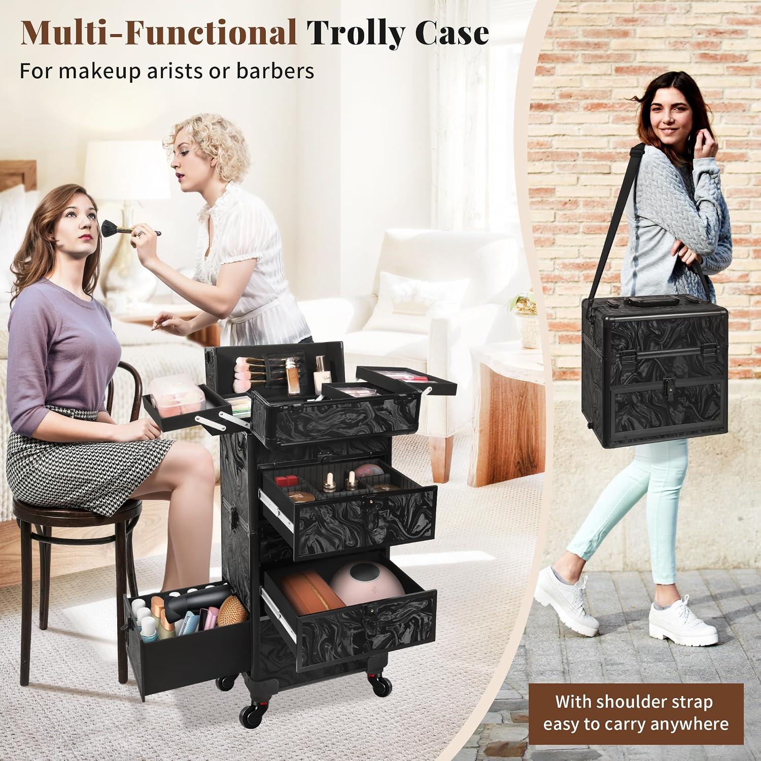 AROUS Rolling Makeup Train Case with Drawers Cosmetology Case on Wheels | 5 in 1 Large Cosmetic Organizer for Hairstylist.Makeup Artist Nail Trolley Cart Salon Storage Traveling Cart Trunk