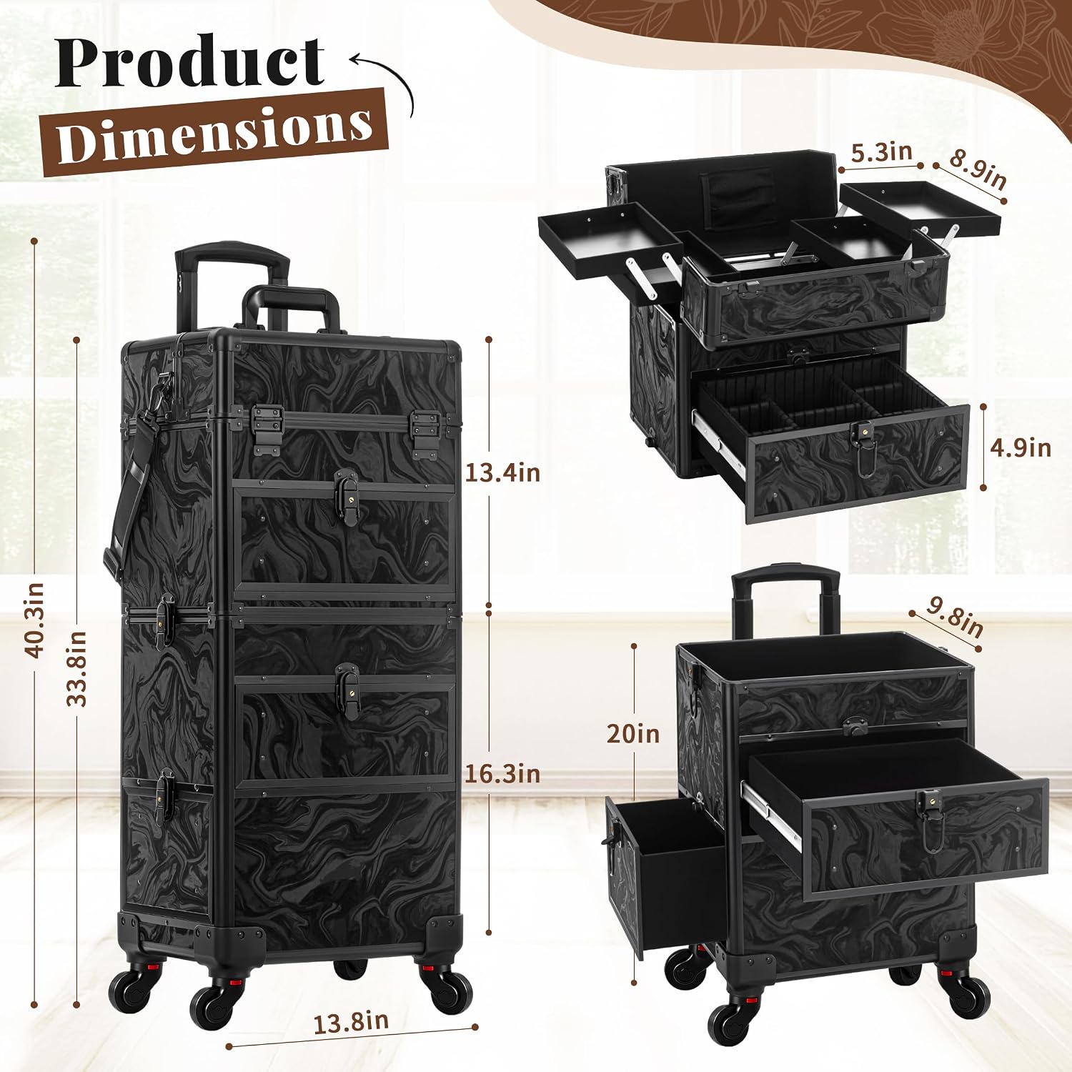 AROUS Rolling Makeup Train Case with Drawers Cosmetology Case on Wheels | 5 in 1 Large Cosmetic Organizer for Hairstylist.Makeup Artist Nail Trolley Cart Salon Storage Traveling Cart Trunk