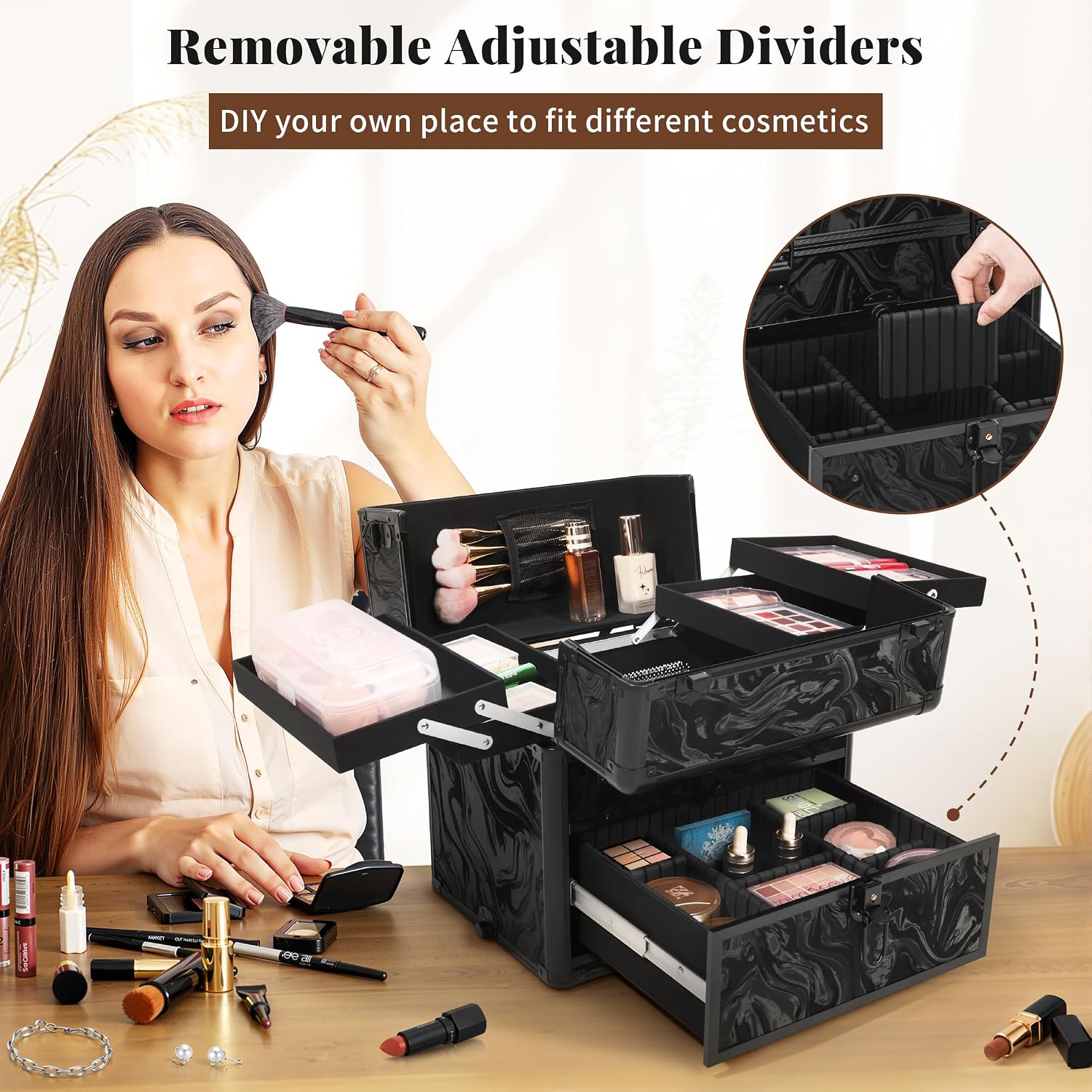 AROUS Rolling Makeup Train Case with Drawers Cosmetology Case on Wheels | 5 in 1 Large Cosmetic Organizer for Hairstylist.Makeup Artist Nail Trolley Cart Salon Storage Traveling Cart Trunk