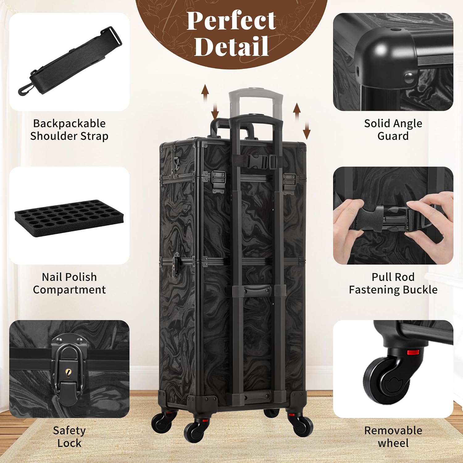 AROUS Rolling Makeup Train Case with Drawers Cosmetology Case on Wheels | 5 in 1 Large Cosmetic Organizer for Hairstylist.Makeup Artist Nail Trolley Cart Salon Storage Traveling Cart Trunk