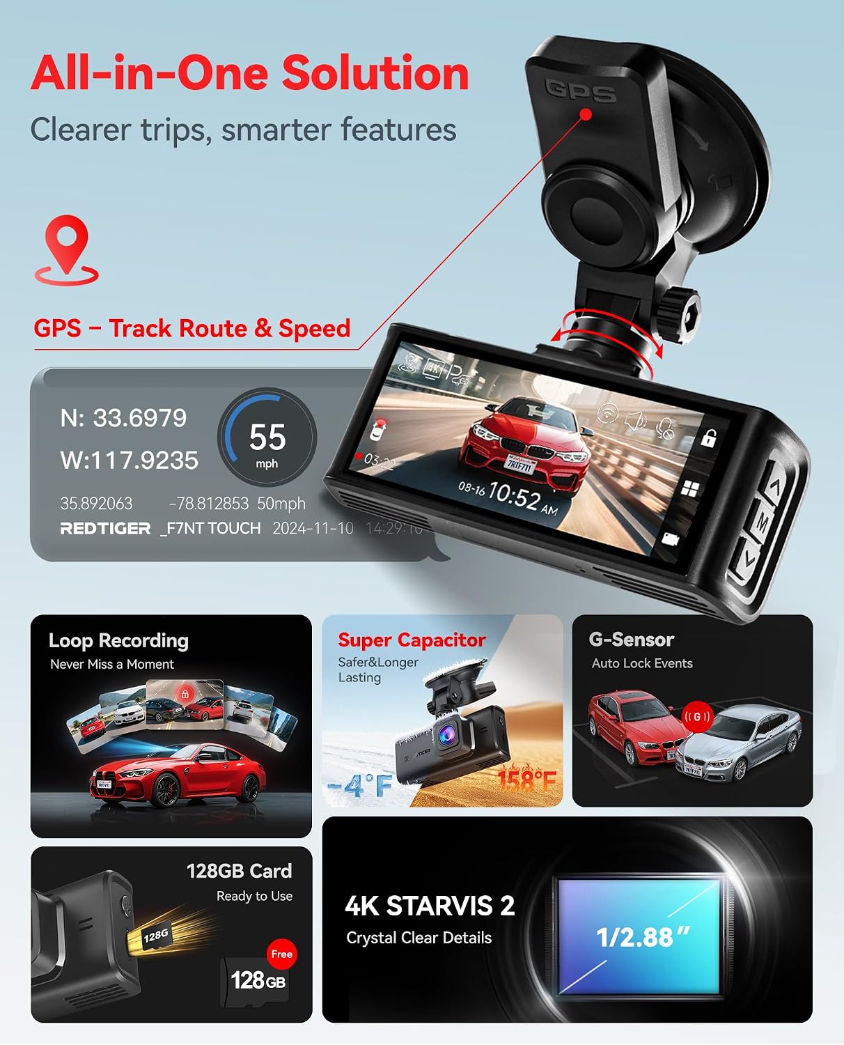 REDTIGER 4K STARVIS 2 Dashcam Front Rear. 5GHz WiFi 20MB/s. Free 128GB Card | Voice Control. Touch Screen. GPS. Loop Recording. Parking Mode. Audio Recording. WDR Night Vision. Supercapacitor(F7N Touch)