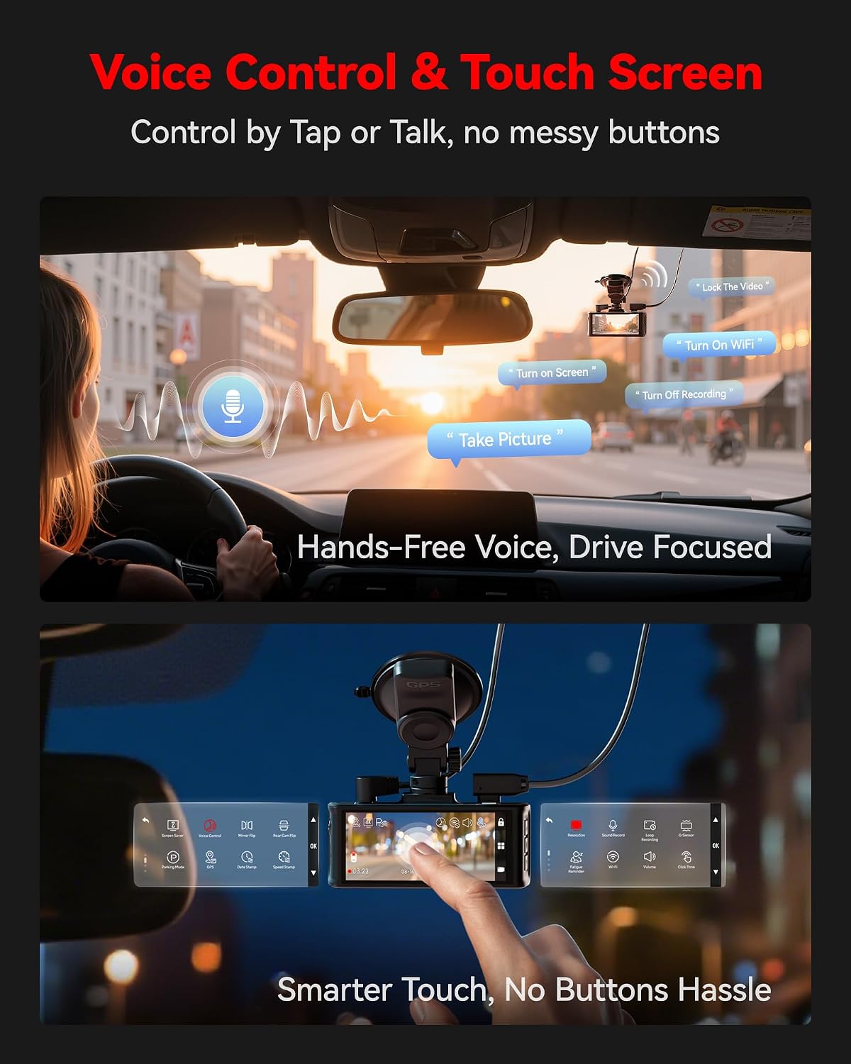 REDTIGER 4K STARVIS 2 Dashcam Front Rear. 5GHz WiFi 20MB/s. Free 128GB Card | Voice Control. Touch Screen. GPS. Loop Recording. Parking Mode. Audio Recording. WDR Night Vision. Supercapacitor(F7N Touch)