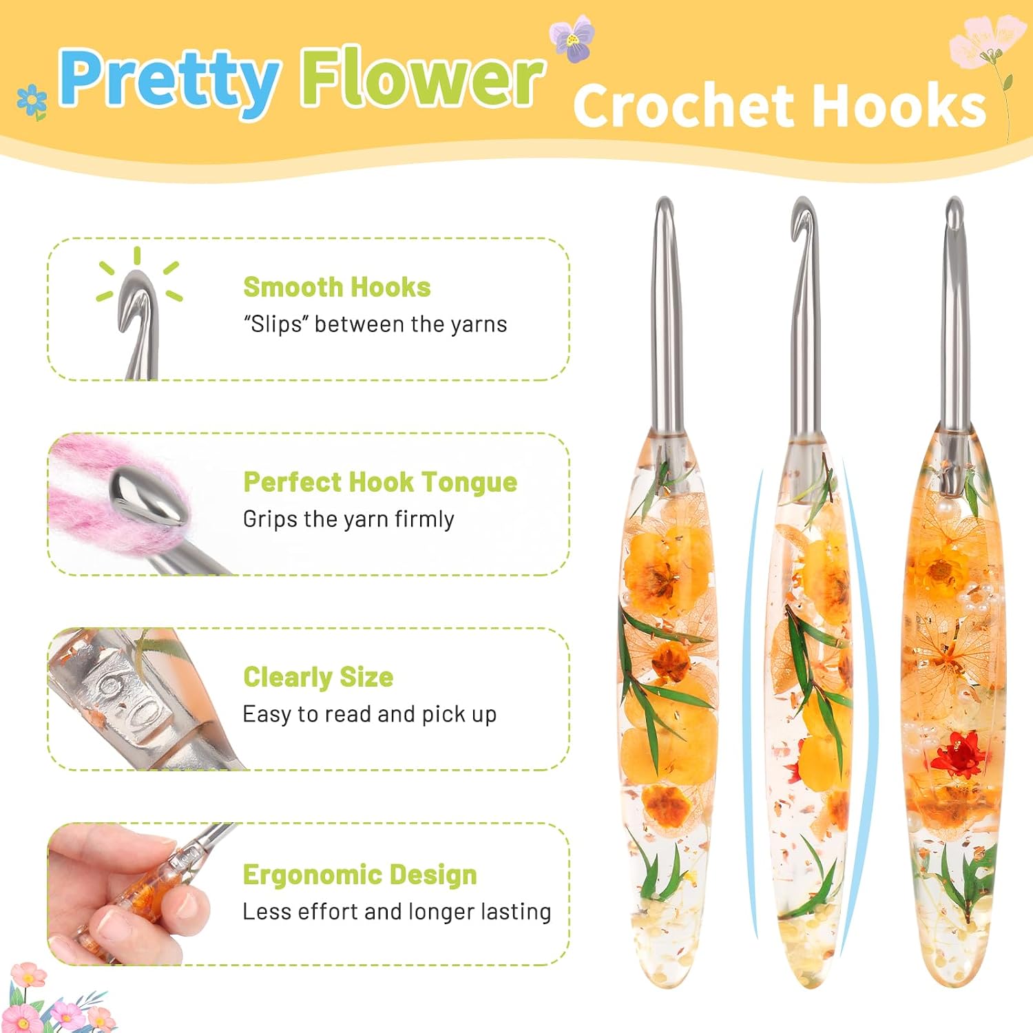 Coopay Floral Crochet Hook Set. 9Pcs Crochet Hooks with Case (2.5mm-6.5mm) | Soft Grips Crochet Needles- Smooth & Ergonomic. Great for Crocheting Blankets. Dolls. Shawls. Hats. Scarves(C-K)