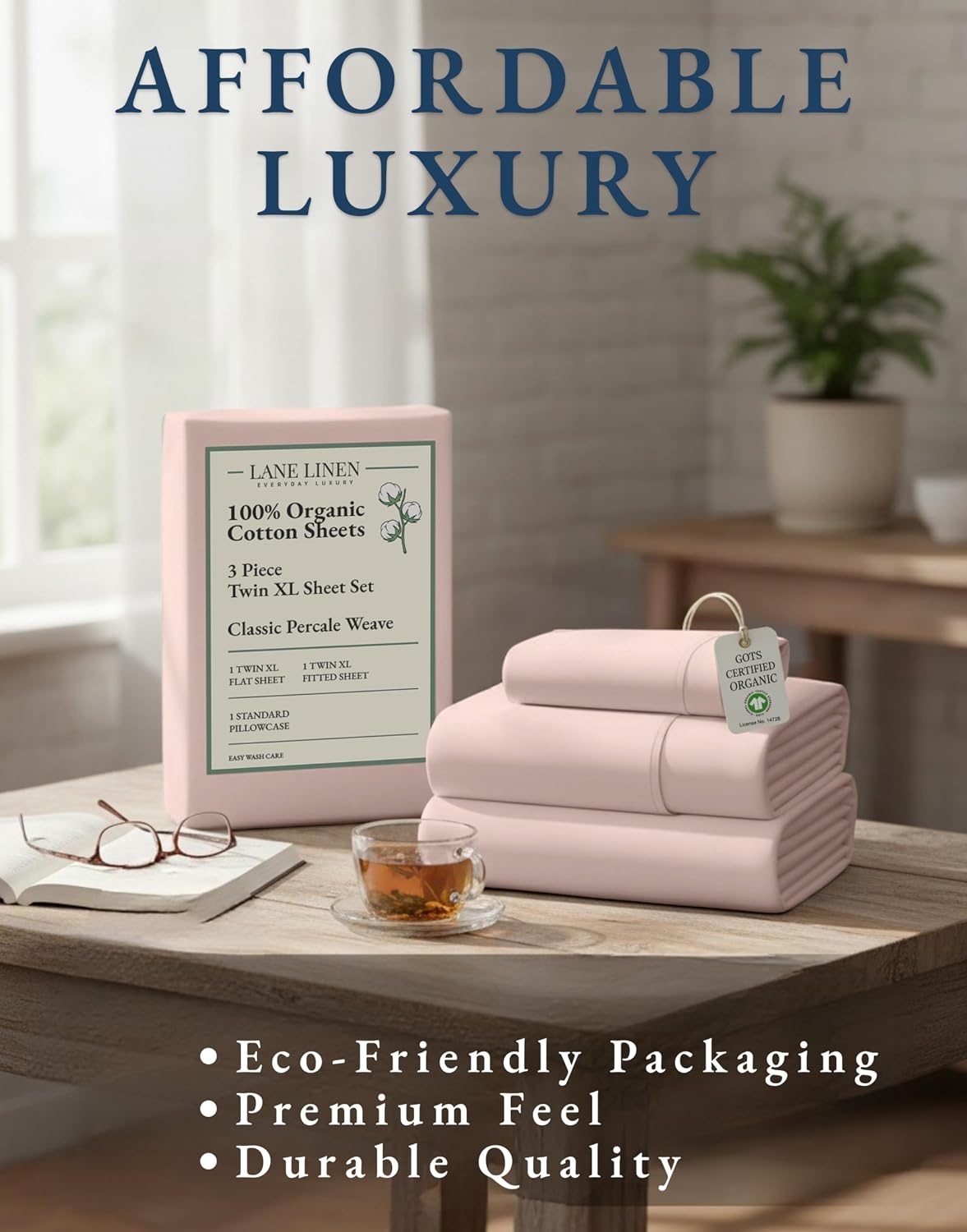 LANE LINEN Twin XL Sheet Set 100% Organic Cotton Percale Soft - Sepia Rose | Twin XL Sheet Set. 100% Organic Cotton Percale - Great For Gifting. Easy-Care Machine Washable. Best-Value Organic Cotton