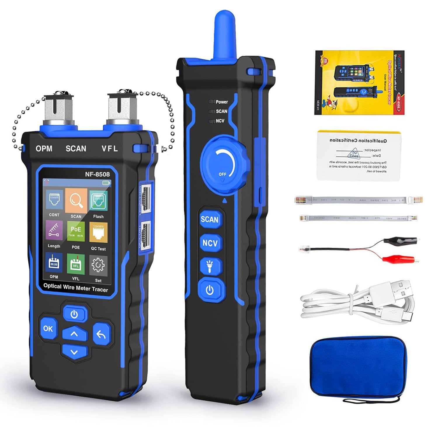 NOYAFA NF-8508 Network Cable Tester with Optical Power Meter | CAT5 CAT6 Cable Toner Ethernet Cable Tester. RJ45 Network Tester. VFL PoE QC Test Wire Tracer Port Flashing 200M Length Test