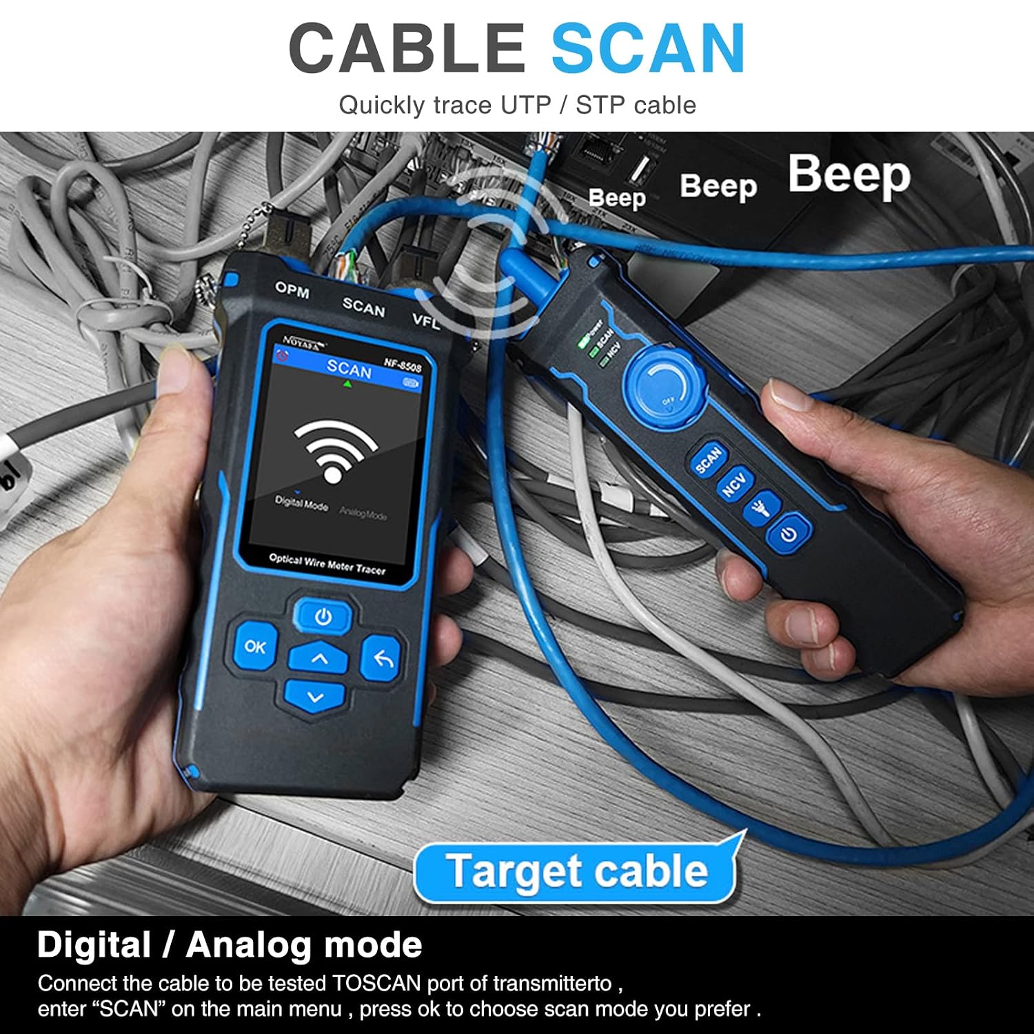 NOYAFA NF-8508 Network Cable Tester with Optical Power Meter | CAT5 CAT6 Cable Toner Ethernet Cable Tester. RJ45 Network Tester. VFL PoE QC Test Wire Tracer Port Flashing 200M Length Test
