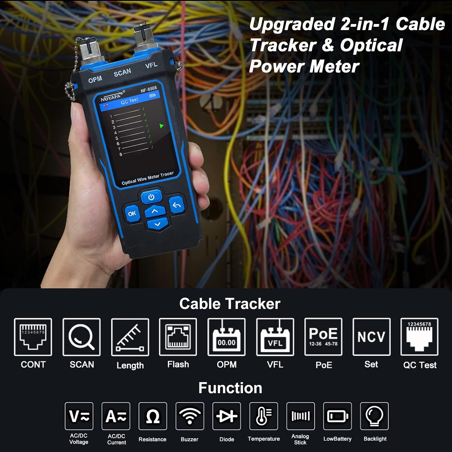 NOYAFA NF-8508 Network Cable Tester with Optical Power Meter | CAT5 CAT6 Cable Toner Ethernet Cable Tester. RJ45 Network Tester. VFL PoE QC Test Wire Tracer Port Flashing 200M Length Test