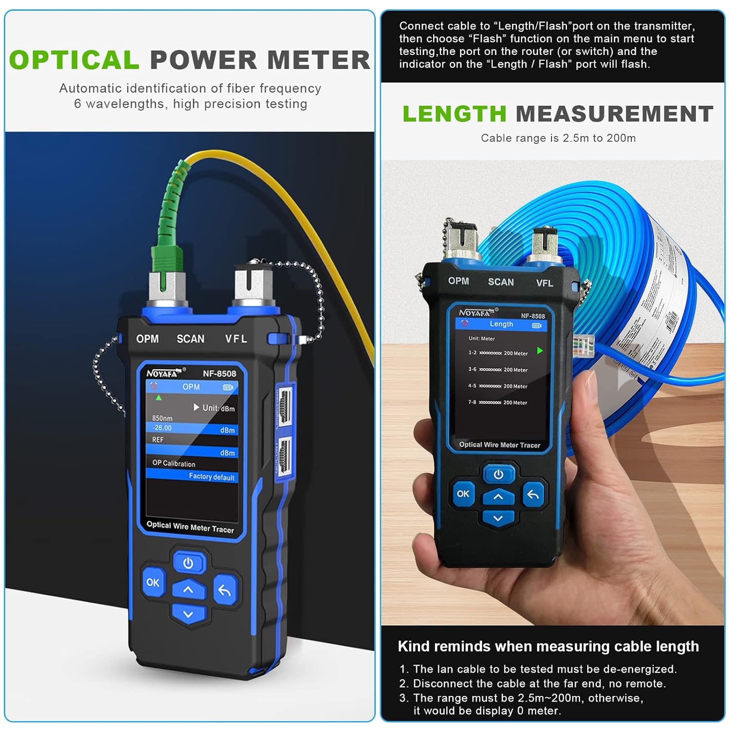 NOYAFA NF-8508 Network Cable Tester with Optical Power Meter | CAT5 CAT6 Cable Toner Ethernet Cable Tester. RJ45 Network Tester. VFL PoE QC Test Wire Tracer Port Flashing 200M Length Test