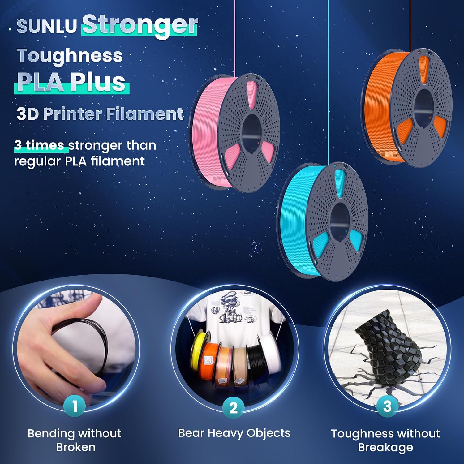 SUNLU PLA Plus 3D Printer Filament. 1.75mm. 10 Colors | 10KG Bundle. Neatly Wound. 1kg Spool. Black+White+Grey+Green+Blue+Grassgreen+Bluegrey+Pureyellow+Red+Orange