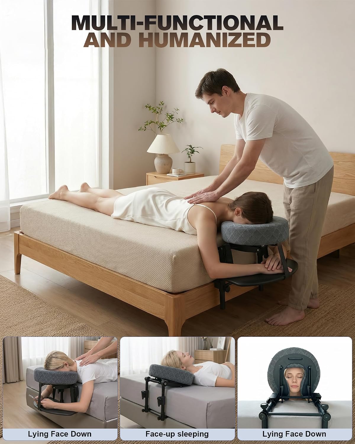 Massage Headrest for Bed. Massage Face Cradle for Bed Adjustable 18 Height | Massage Head Holder for Home Salon Spa Facial. Comfortable Face Down Pillow with Armrest & Breast Pillow. Tool-free Setup