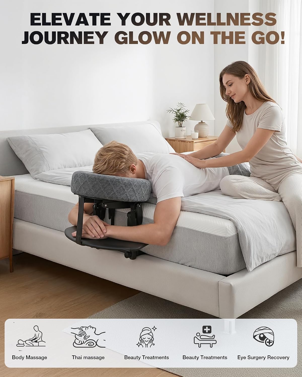 Massage Headrest for Bed. Massage Face Cradle for Bed Adjustable 18 Height | Massage Head Holder for Home Salon Spa Facial. Comfortable Face Down Pillow with Armrest & Breast Pillow. Tool-free Setup