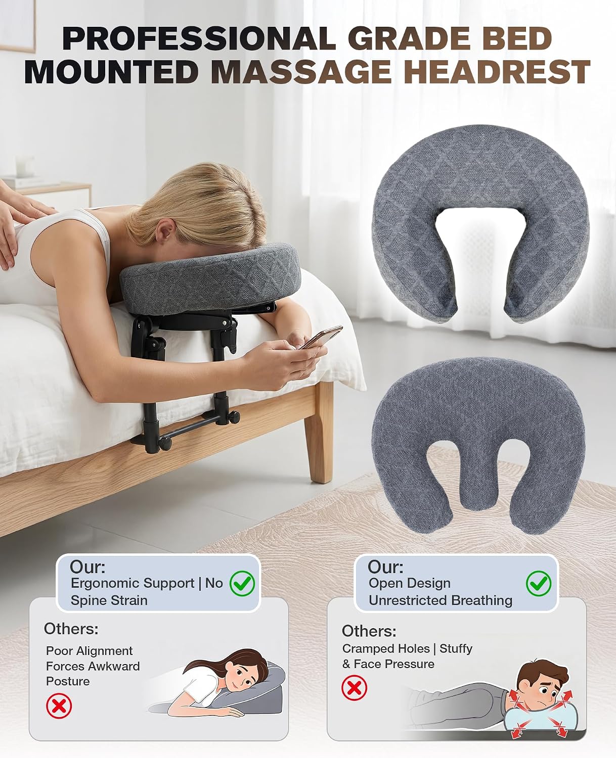 Massage Headrest for Bed. Massage Face Cradle for Bed Adjustable 18 Height | Massage Head Holder for Home Salon Spa Facial. Comfortable Face Down Pillow with Armrest & Breast Pillow. Tool-free Setup