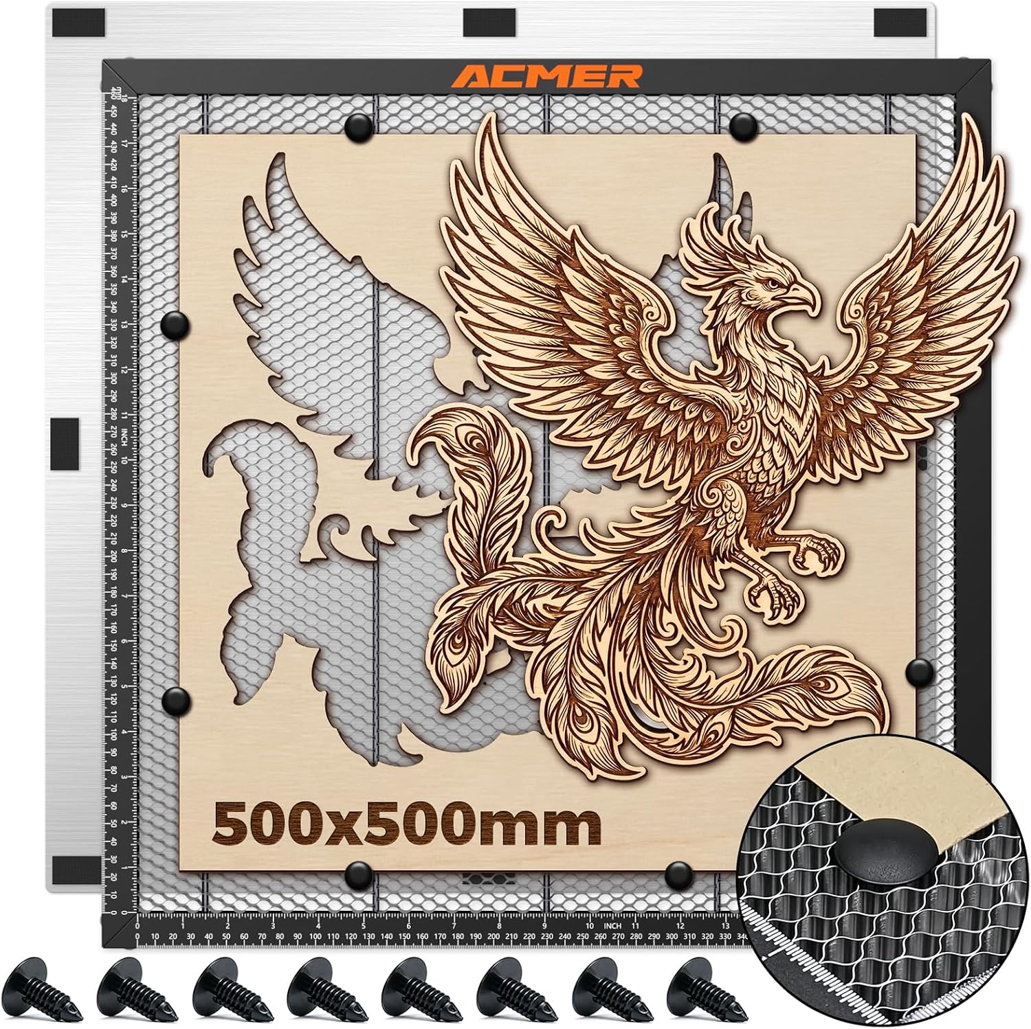 ACMER Laser Engraver Honeycomb Panel 500×500mm.Honeycomb Cutting Table with Protective Aluminum Backing Plate for Desktop Safety. Compatible with Diode. CO₂ & Fiber Laser Engravers