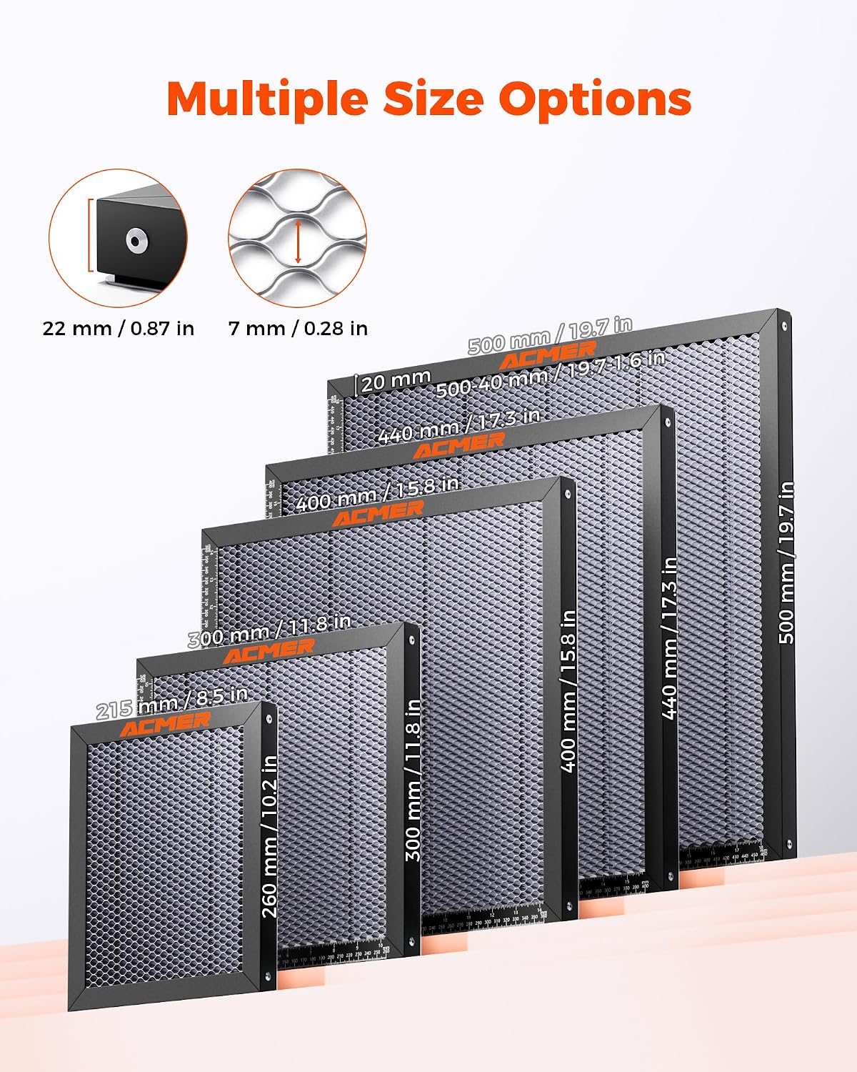 ACMER Laser Engraver Honeycomb Panel 500×500mm.Honeycomb Cutting Table with Protective Aluminum Backing Plate for Desktop Safety. Compatible with Diode. CO₂ & Fiber Laser Engravers