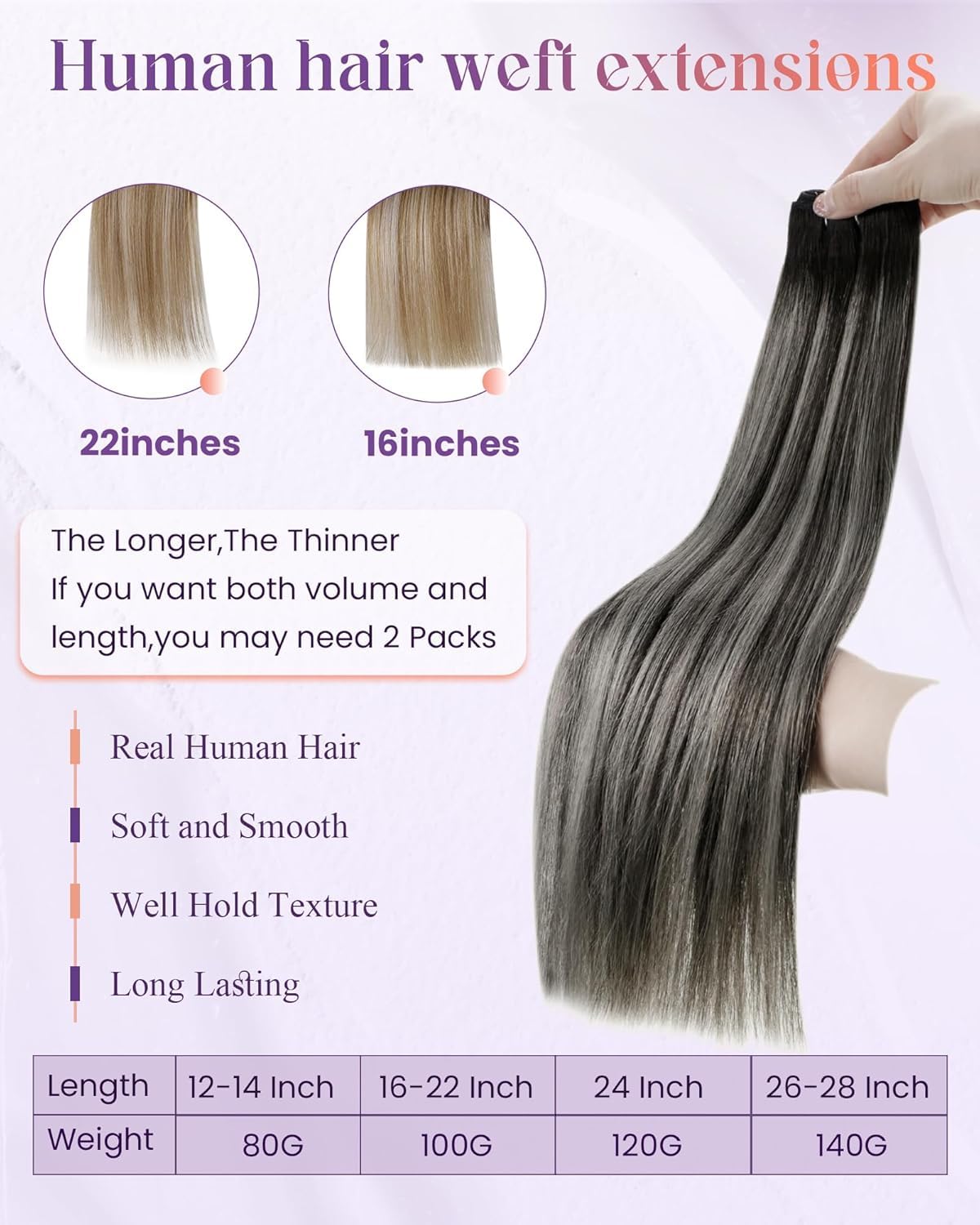 LaaVoo Human Hair Weft Extensions. 24 Inch 100g Black Balayage Silver Grey. Weft Hair Extensions Double Straight for Women