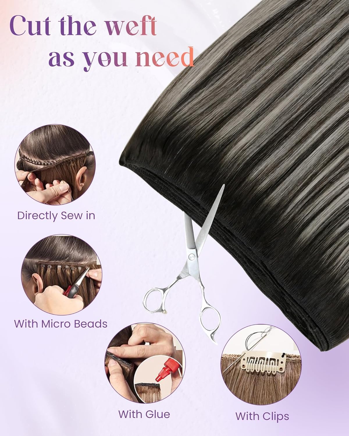LaaVoo Human Hair Weft Extensions. 24 Inch 100g Black Balayage Silver Grey. Weft Hair Extensions Double Straight for Women