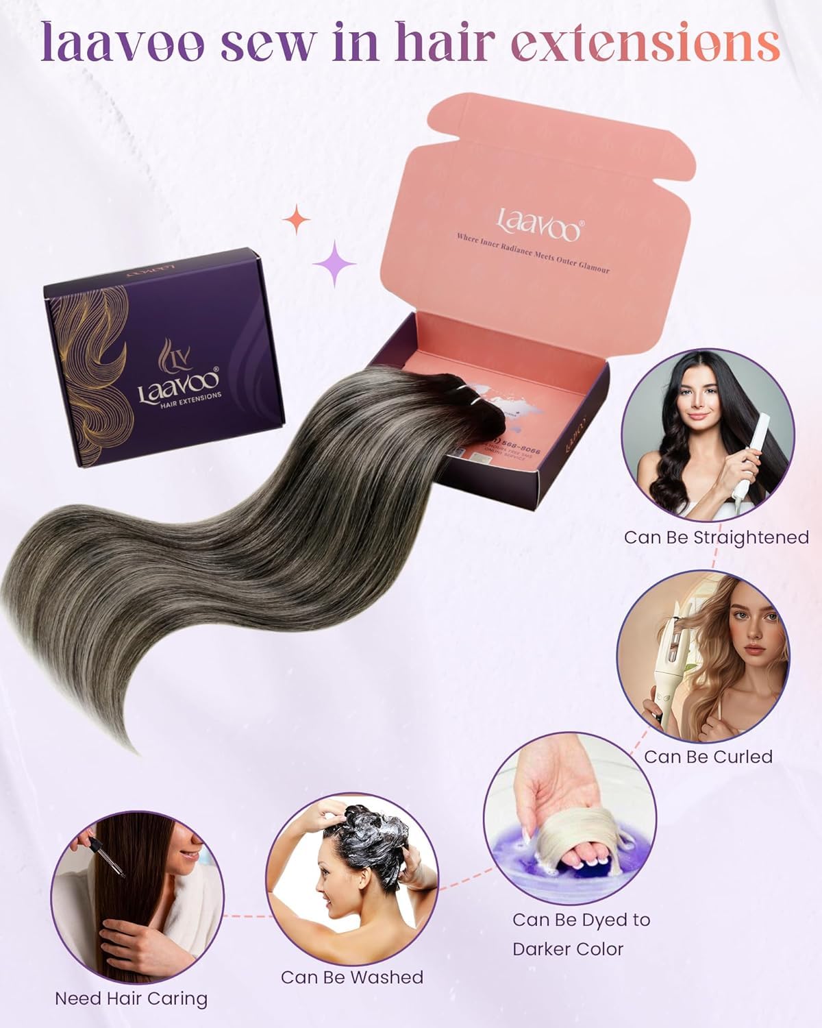 LaaVoo Human Hair Weft Extensions. 24 Inch 100g Black Balayage Silver Grey. Weft Hair Extensions Double Straight for Women