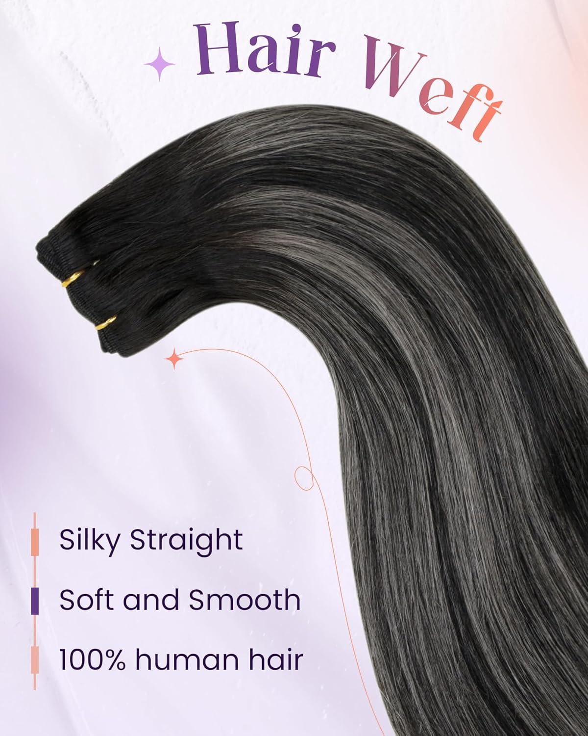 LaaVoo Human Hair Weft Extensions. 24 Inch 100g Black Balayage Silver Grey. Weft Hair Extensions Double Straight for Women