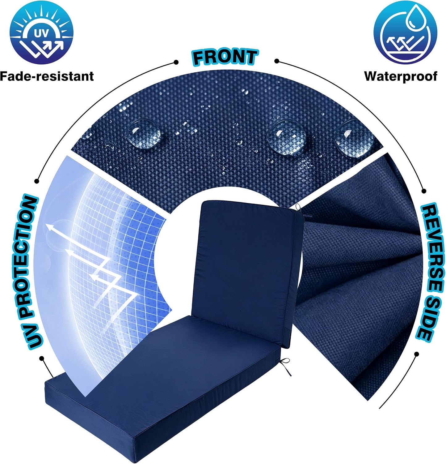 2*Chaise Lounge Cushions Outdoor 72x21x3.5 Inch. Waterproof and Fade Resistant Chair Cushions for Outdoor Furniture Replacement. Thickened Patio Pool Lounger Pads with 4 Ties for Pool Lawn.Navy Blue