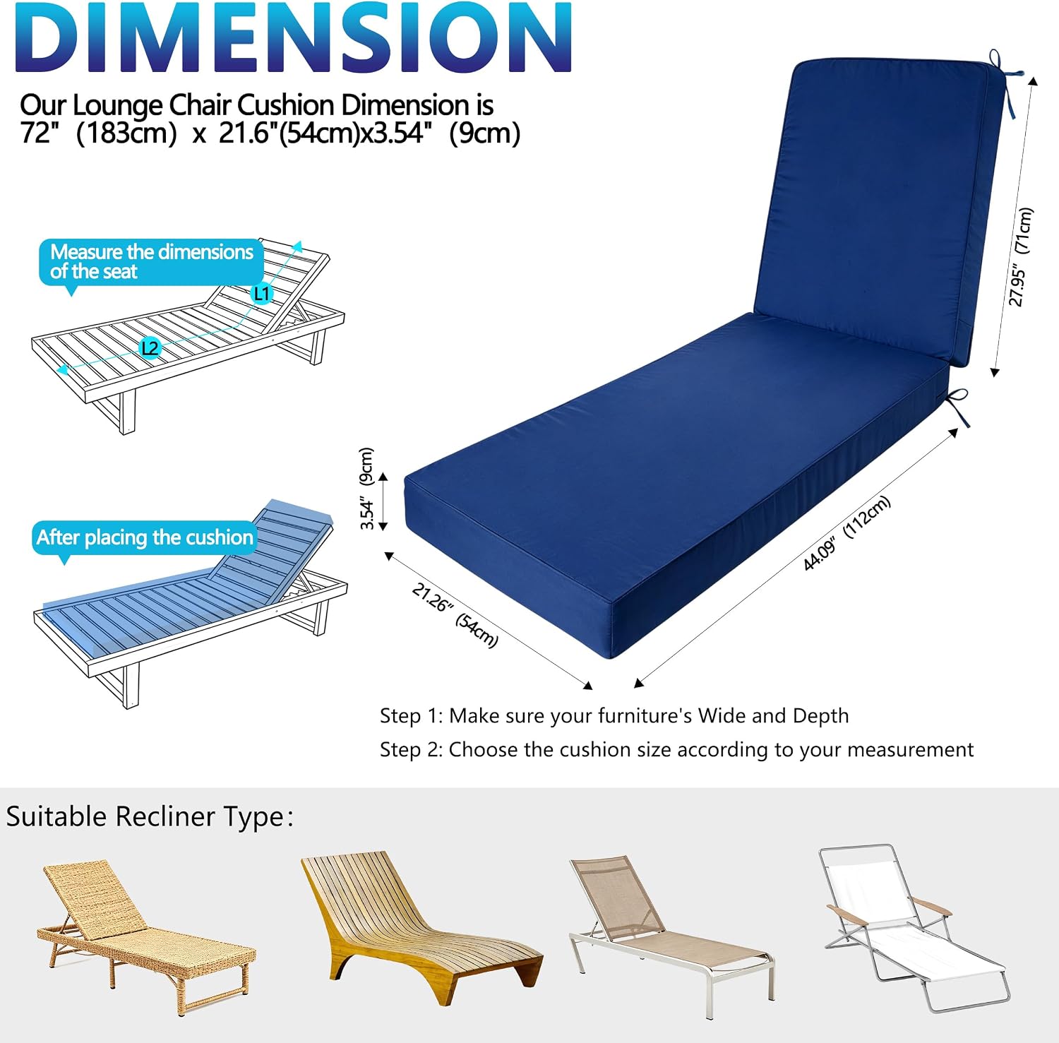 2*Chaise Lounge Cushions Outdoor 72x21x3.5 Inch. Waterproof and Fade Resistant Chair Cushions for Outdoor Furniture Replacement. Thickened Patio Pool Lounger Pads with 4 Ties for Pool Lawn.Navy Blue