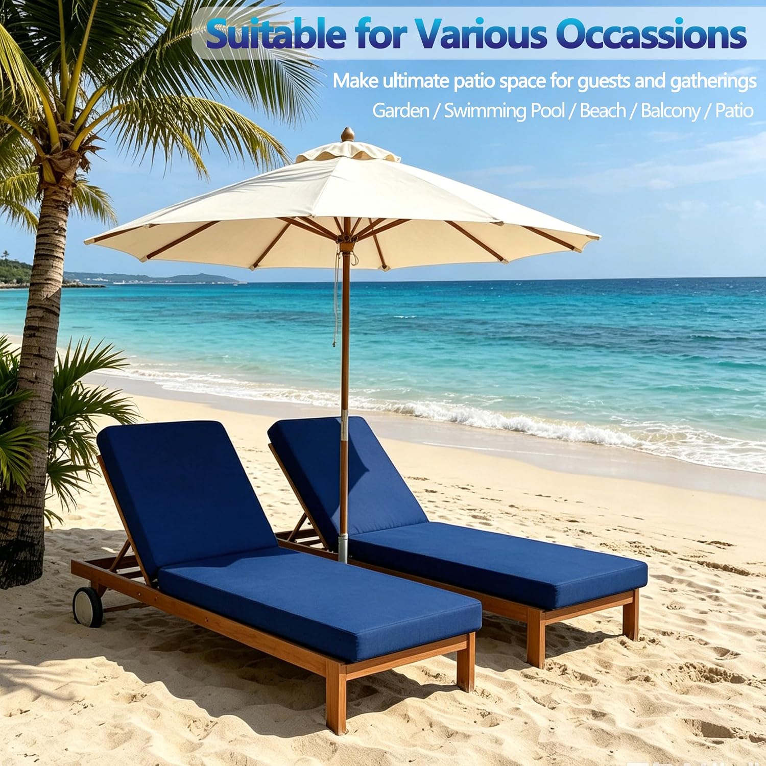 2*Chaise Lounge Cushions Outdoor 72x21x3.5 Inch. Waterproof and Fade Resistant Chair Cushions for Outdoor Furniture Replacement. Thickened Patio Pool Lounger Pads with 4 Ties for Pool Lawn.Navy Blue