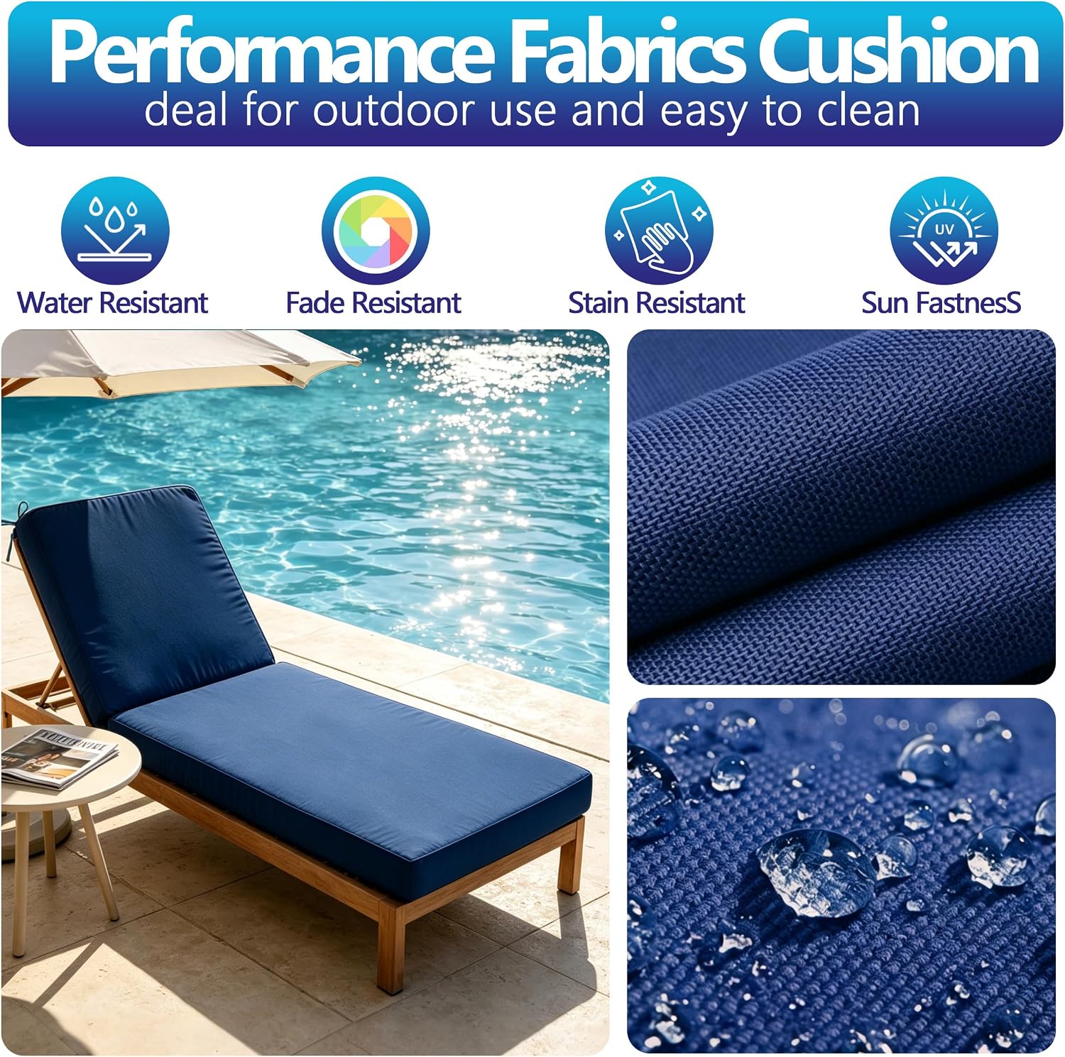 2*Chaise Lounge Cushions Outdoor 72x21x3.5 Inch. Waterproof and Fade Resistant Chair Cushions for Outdoor Furniture Replacement. Thickened Patio Pool Lounger Pads with 4 Ties for Pool Lawn.Navy Blue