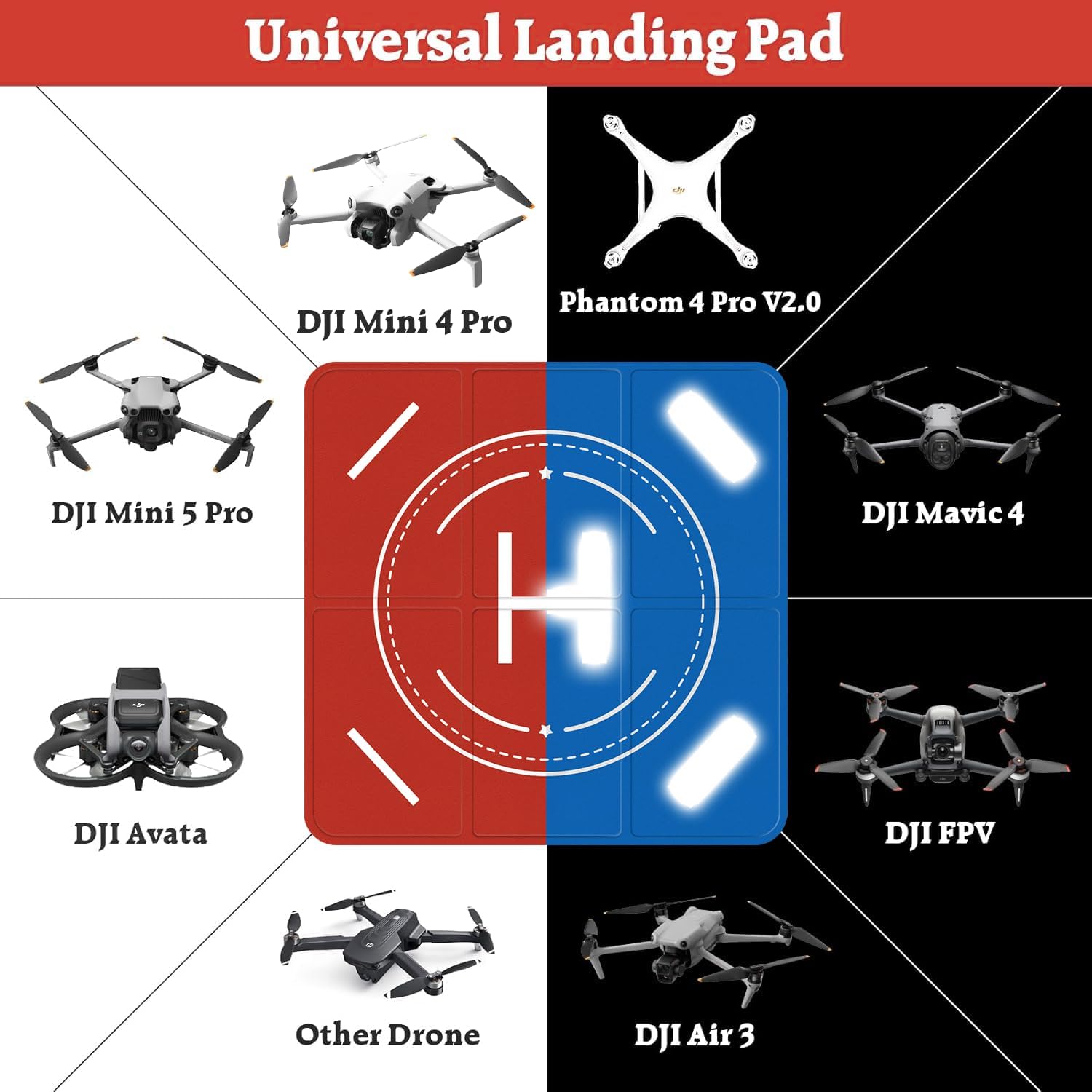 FPVtosky Nighttime Reflective Drone Landing Pad. Fast-fold Double Sided Waterproof Landig Pad Weighted for DJI Lito X1/Mini 5 Pro/ 4/3 Pro/Mini 4k / Mavic 4 / Air 3s/ Avata 2/ Neo/Flip