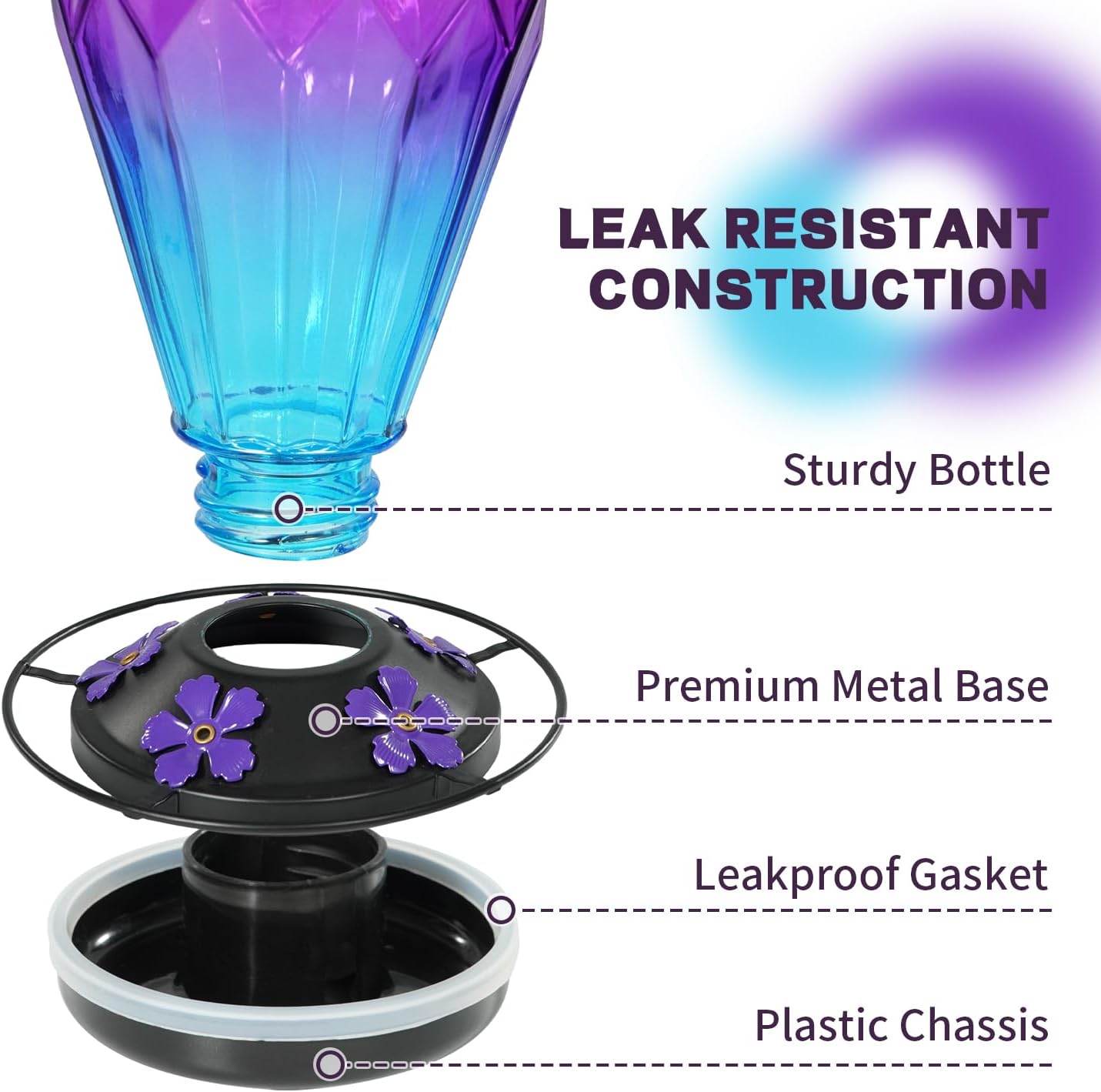 2 Pack Glass Hummingbird Feeder for Outdoors Hanging. 25Oz Humming Bird Nectar Feeder. Perch. 5 Flower Feeding Ports. Leak Proof Base. Hook for Outside Garden Backyard. Diamond Purple