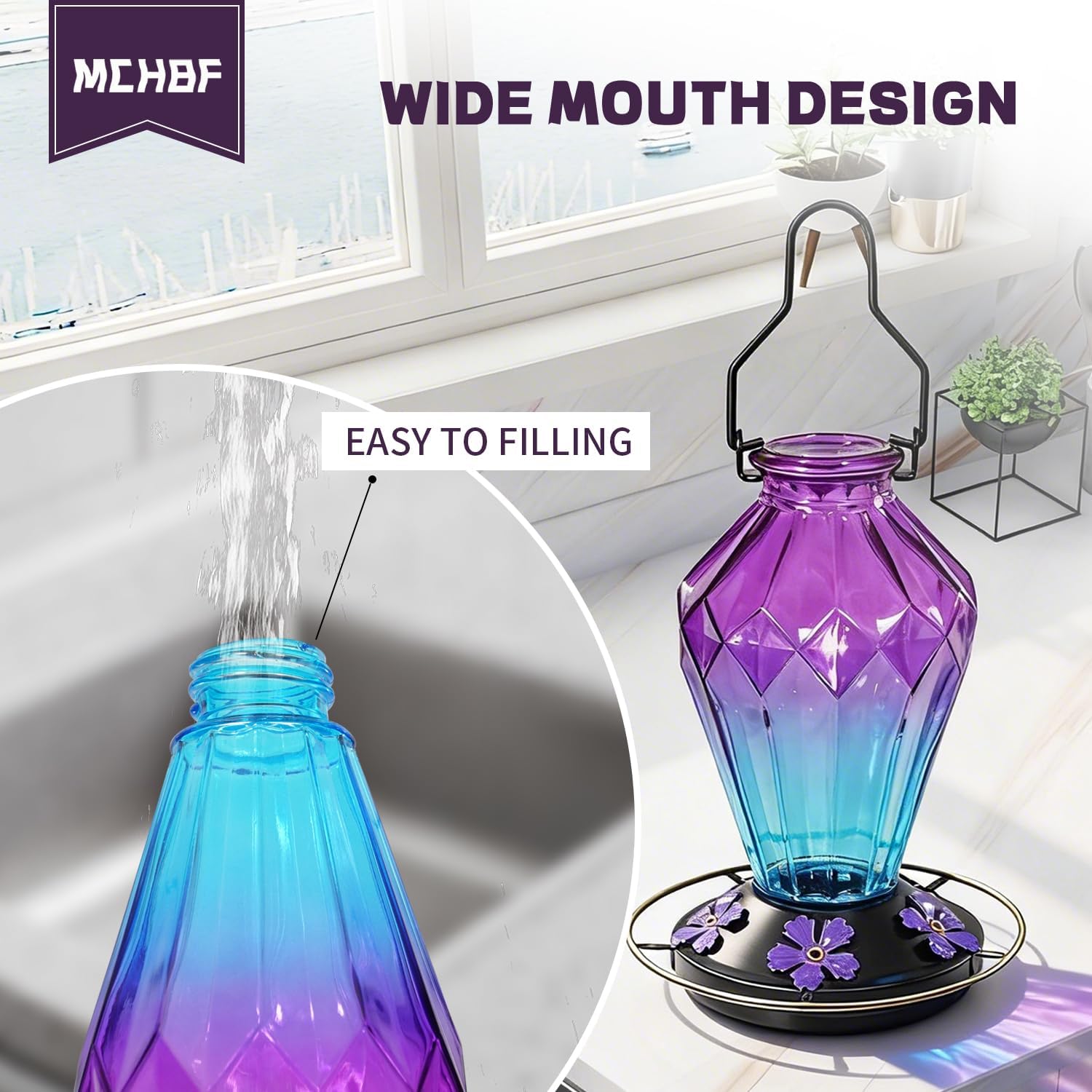 2 Pack Glass Hummingbird Feeder for Outdoors Hanging. 25Oz Humming Bird Nectar Feeder. Perch. 5 Flower Feeding Ports. Leak Proof Base. Hook for Outside Garden Backyard. Diamond Purple