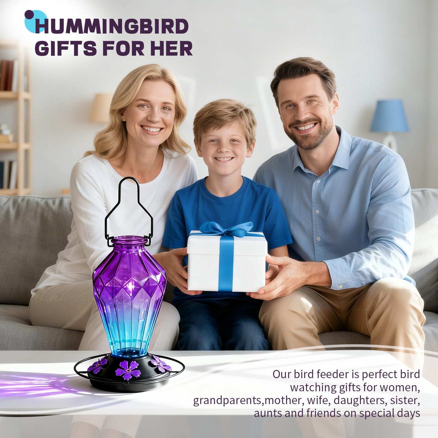 2 Pack Glass Hummingbird Feeder for Outdoors Hanging. 25Oz Humming Bird Nectar Feeder. Perch. 5 Flower Feeding Ports. Leak Proof Base. Hook for Outside Garden Backyard. Diamond Purple