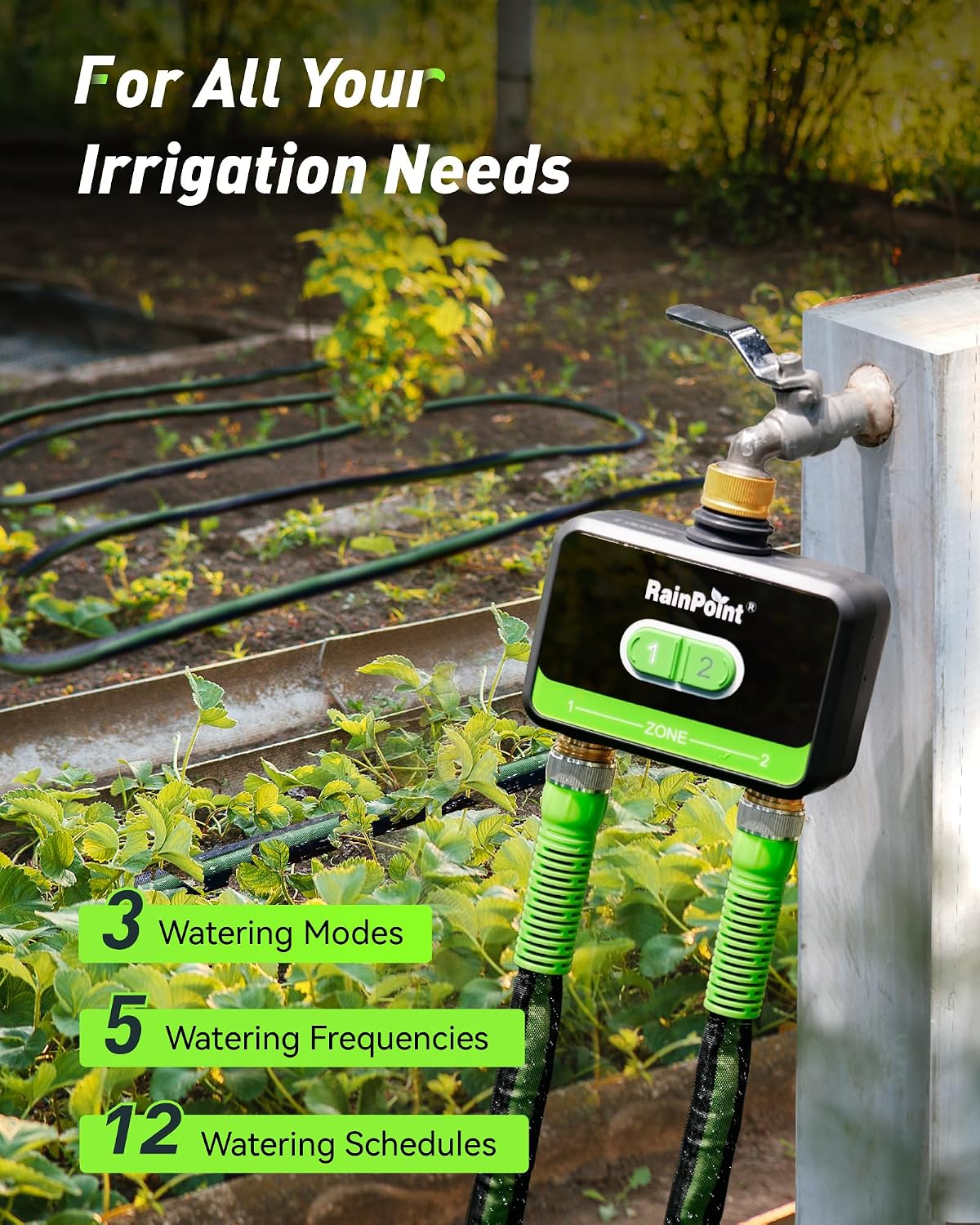 RainPoint WiFi Water Timer for Garden Hose with Brass Inlet & Outlet. 2-Zone Smart Hose Timer. WiFi Irrigation Controller via APP/Voice Control. Automatic Sprinkler Watering System for Lawns and Yard