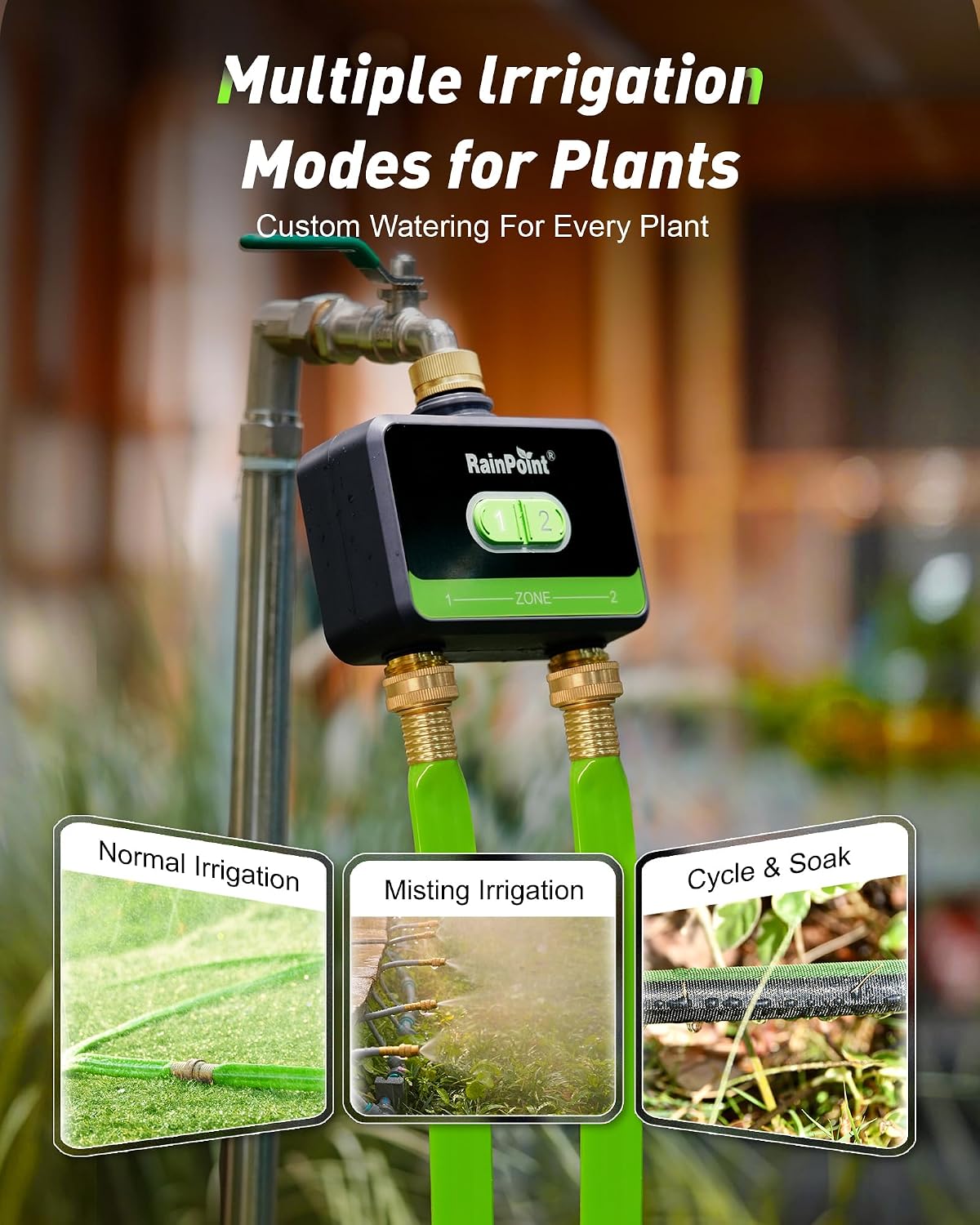 RainPoint WiFi Water Timer for Garden Hose with Brass Inlet & Outlet. 2-Zone Smart Hose Timer. WiFi Irrigation Controller via APP/Voice Control. Automatic Sprinkler Watering System for Lawns and Yard