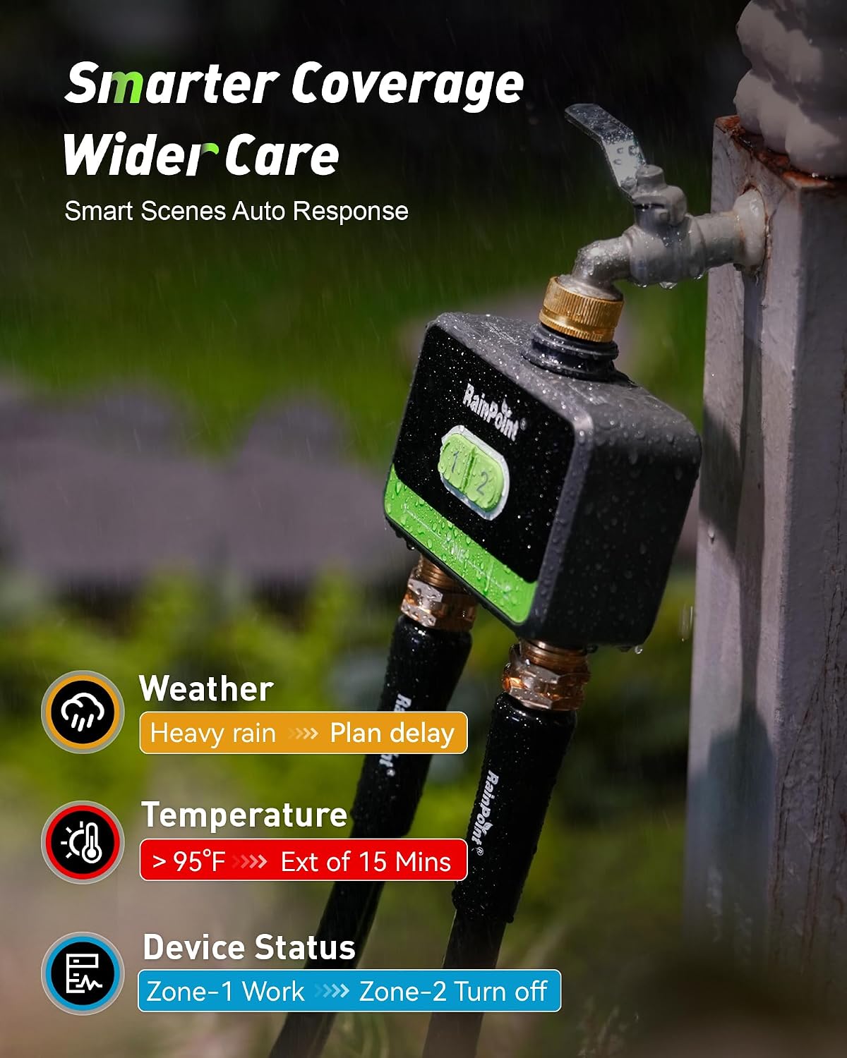 RainPoint WiFi Water Timer for Garden Hose with Brass Inlet & Outlet. 2-Zone Smart Hose Timer. WiFi Irrigation Controller via APP/Voice Control. Automatic Sprinkler Watering System for Lawns and Yard