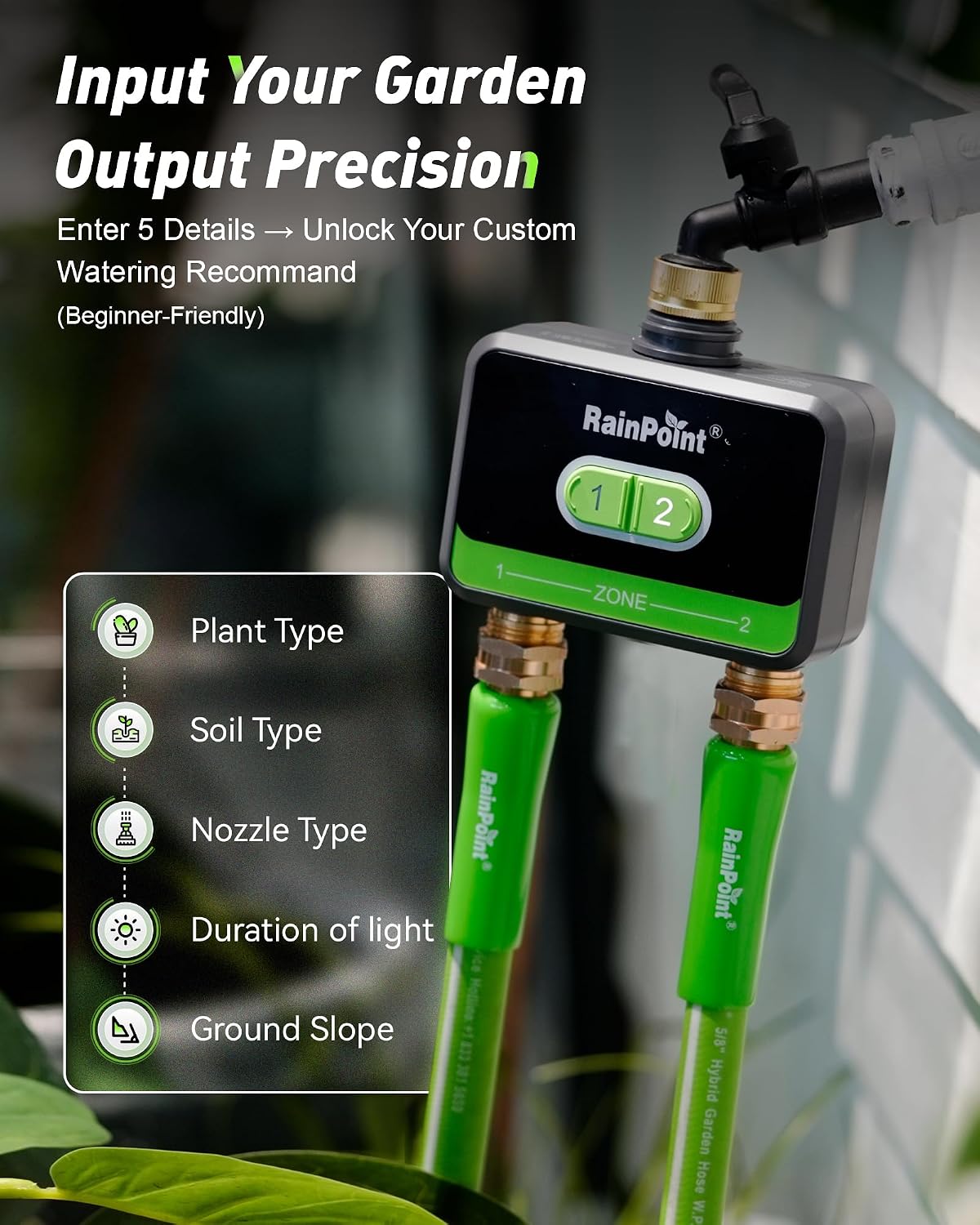 RainPoint WiFi Water Timer for Garden Hose with Brass Inlet & Outlet. 2-Zone Smart Hose Timer. WiFi Irrigation Controller via APP/Voice Control. Automatic Sprinkler Watering System for Lawns and Yard