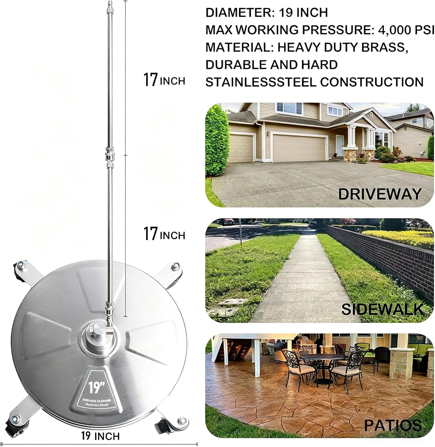 Hourleey 19 Pressure Washer Surface Cleaner. Stainless Steel Surface Cleaner with 4 Wheels for Concrete. Patio. Sidewalk. Deck. Pathway 1/4 Quick Connector. 2 Extension Wand. 4000 PSI