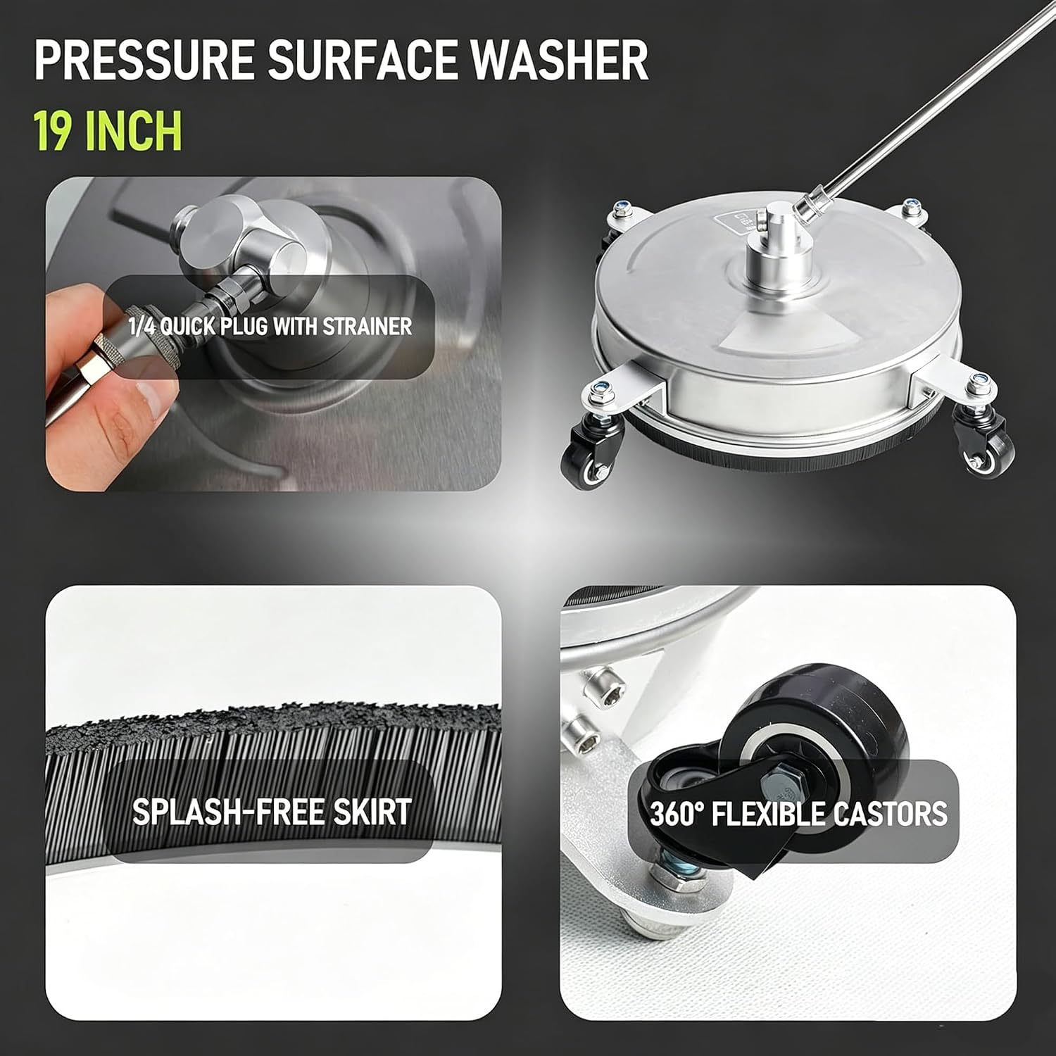 Hourleey 19 Pressure Washer Surface Cleaner. Stainless Steel Surface Cleaner with 4 Wheels for Concrete. Patio. Sidewalk. Deck. Pathway 1/4 Quick Connector. 2 Extension Wand. 4000 PSI